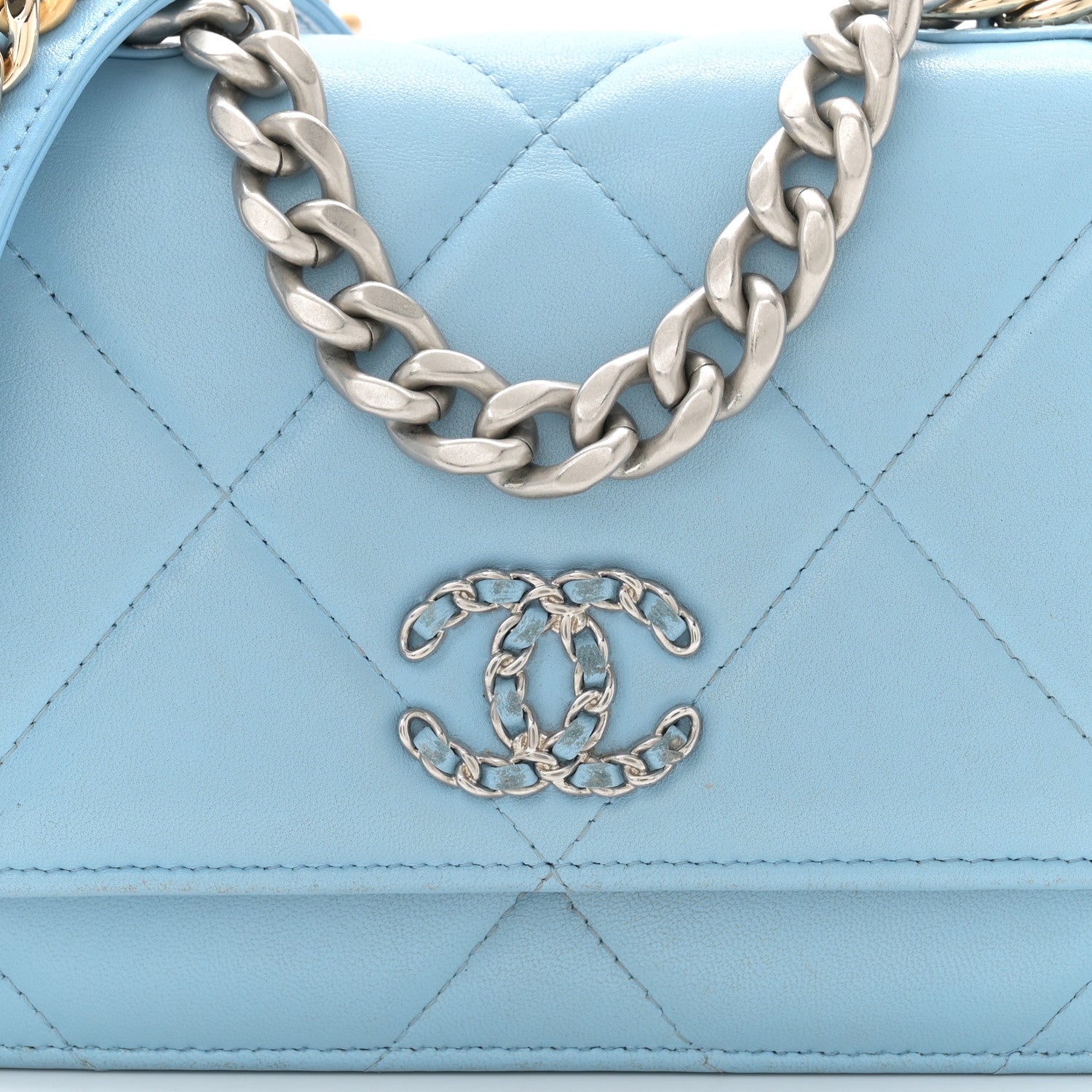 Chanel Lambskin Quilted Chanel 19 Wallet On Chain WOC Light Blue 9 of 14