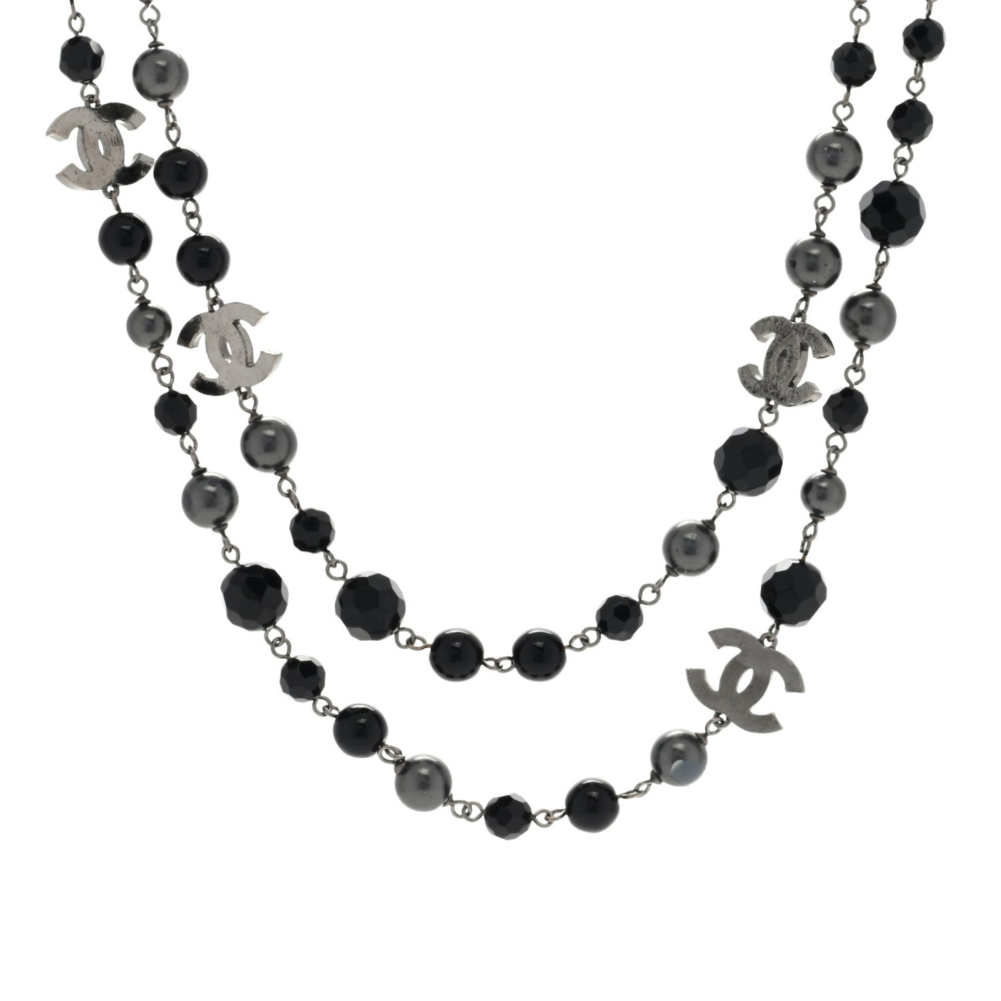 Ruthenium Pearl Beaded CC Long Necklace Black