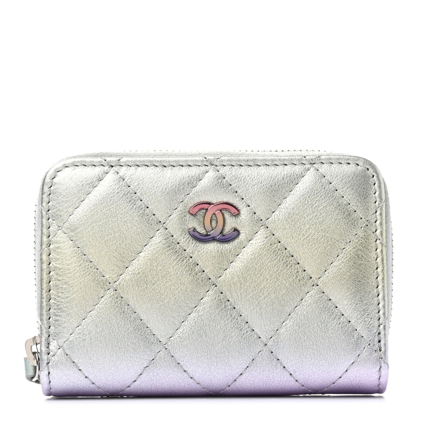 Gradient Metallic Calfskin Quilted Zip Around Coin Purse Wallet Silver Blue Yellow Purple