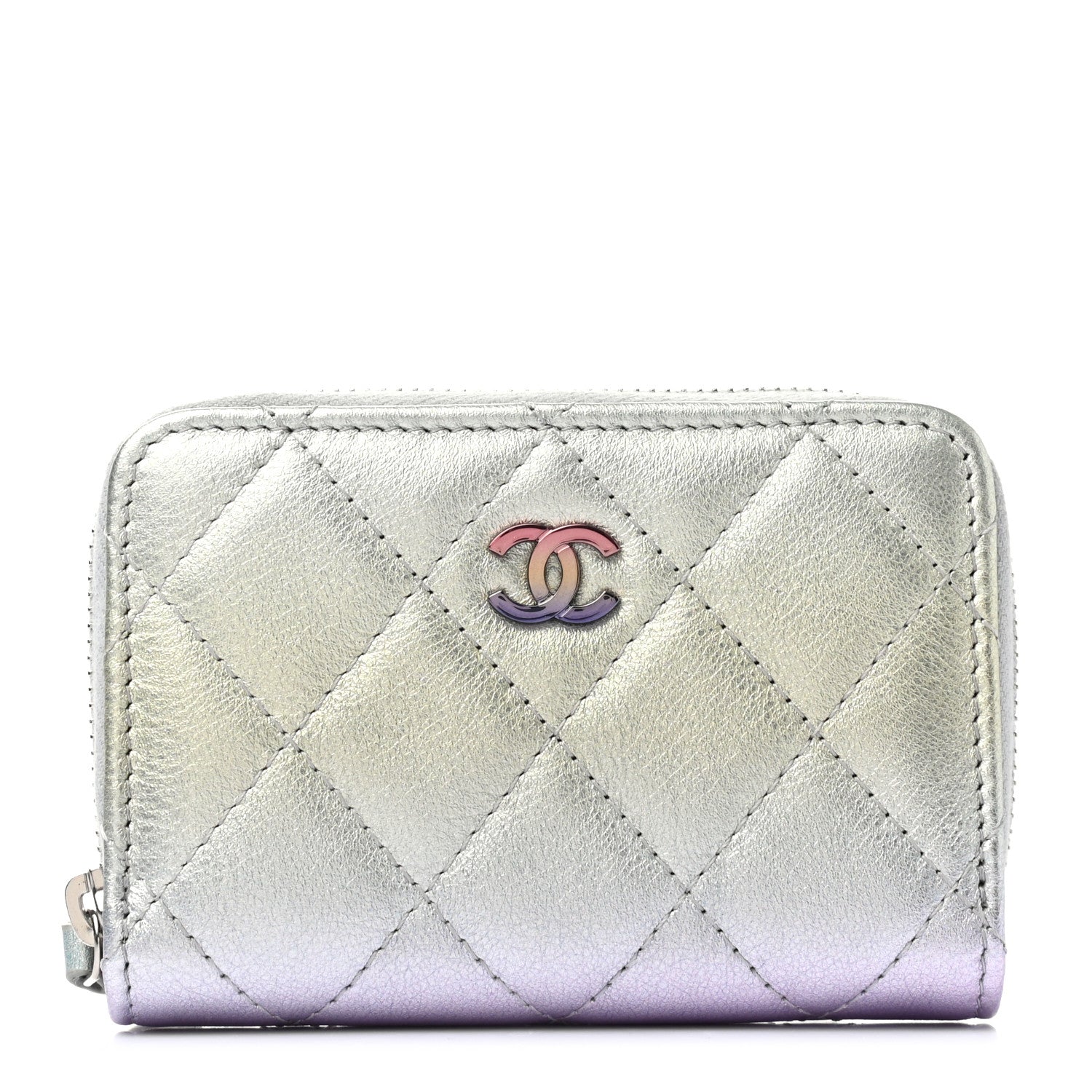 Chanel Gradient Metallic Calfskin Quilted Zip Around Coin Purse Wallet Silver Blue Yellow Purple 1 of 8