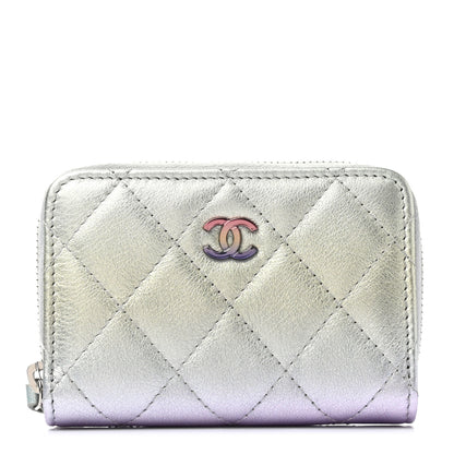 Chanel Gradient Metallic Calfskin Quilted Zip Around Coin Purse Wallet Silver Blue Yellow Purple 1 of 8