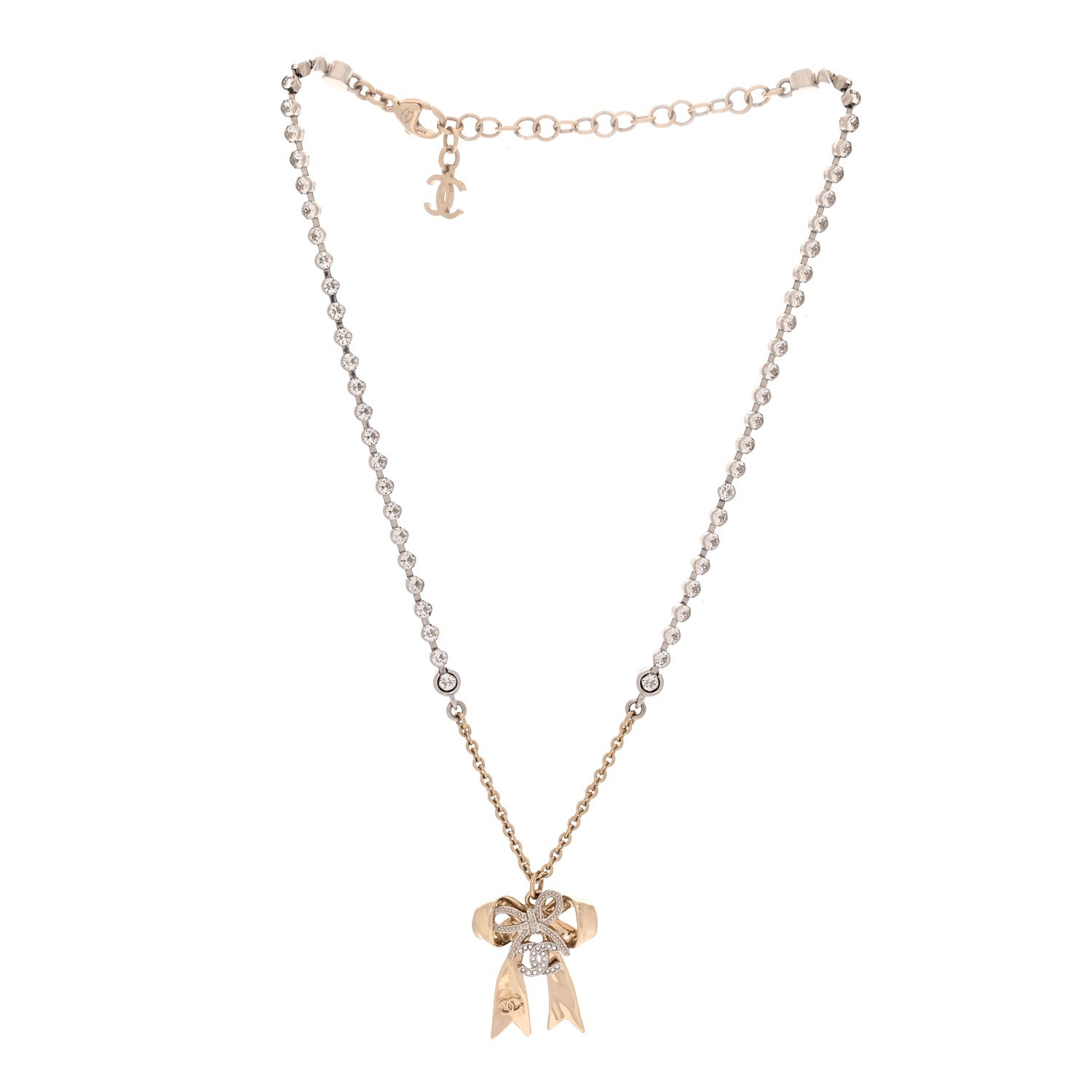 Chanel Crystal CC Bow Pendant Necklace Gold Silver 3 of 5