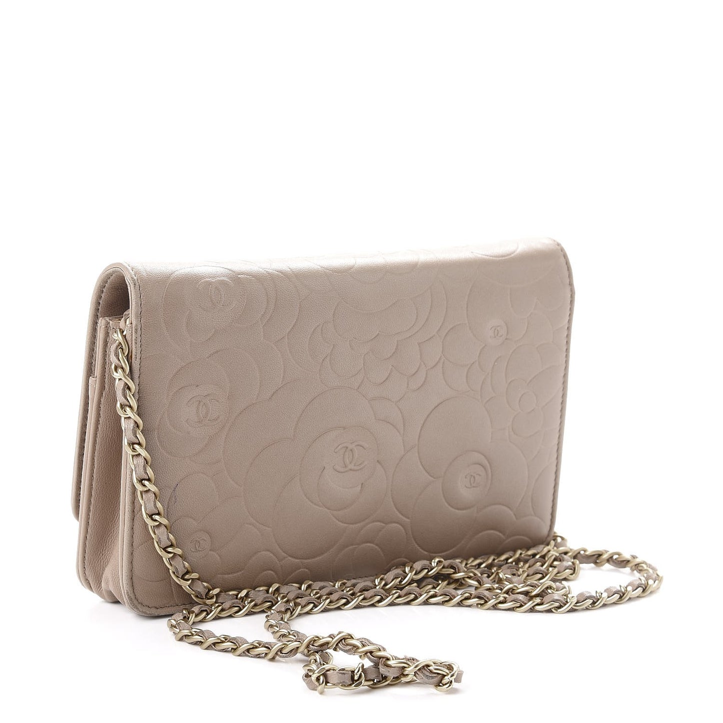 Lambskin Camellia Embossed Wallet on Chain WOC Beige