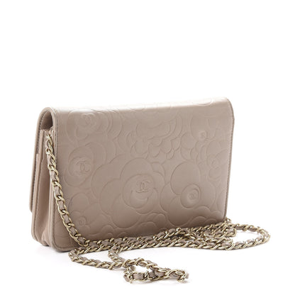 Chanel Lambskin Camellia Embossed Wallet on Chain WOC Beige 3 of 14