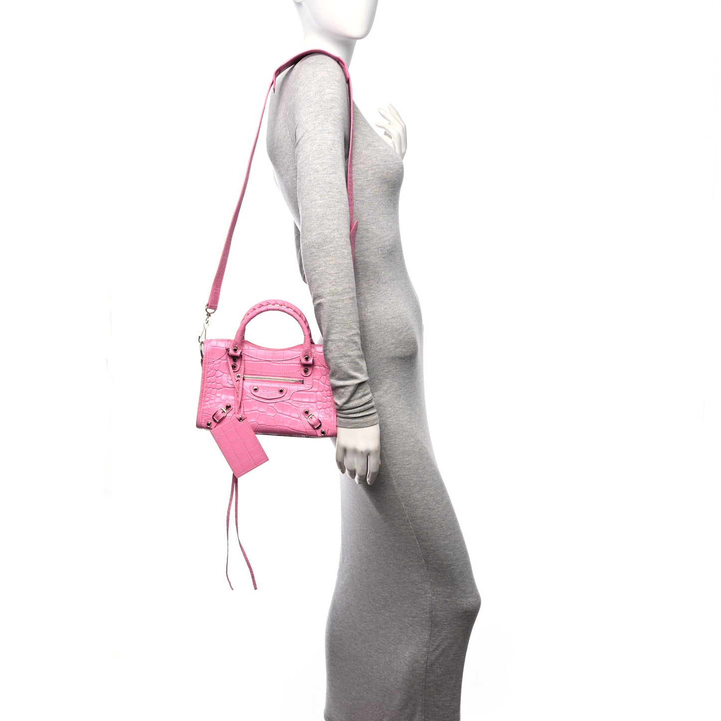Shiny Supple Calfskin Crocodile Embossed Classic Silver Hardware Mini City Baby Pink