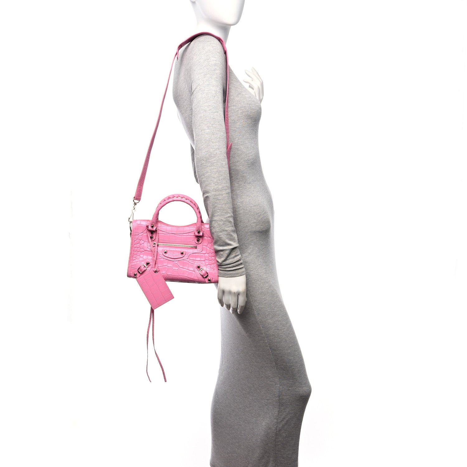 Balenciaga Shiny Supple Calfskin Crocodile Embossed Classic Silver Hardware Mini City Baby Pink 3 of 11