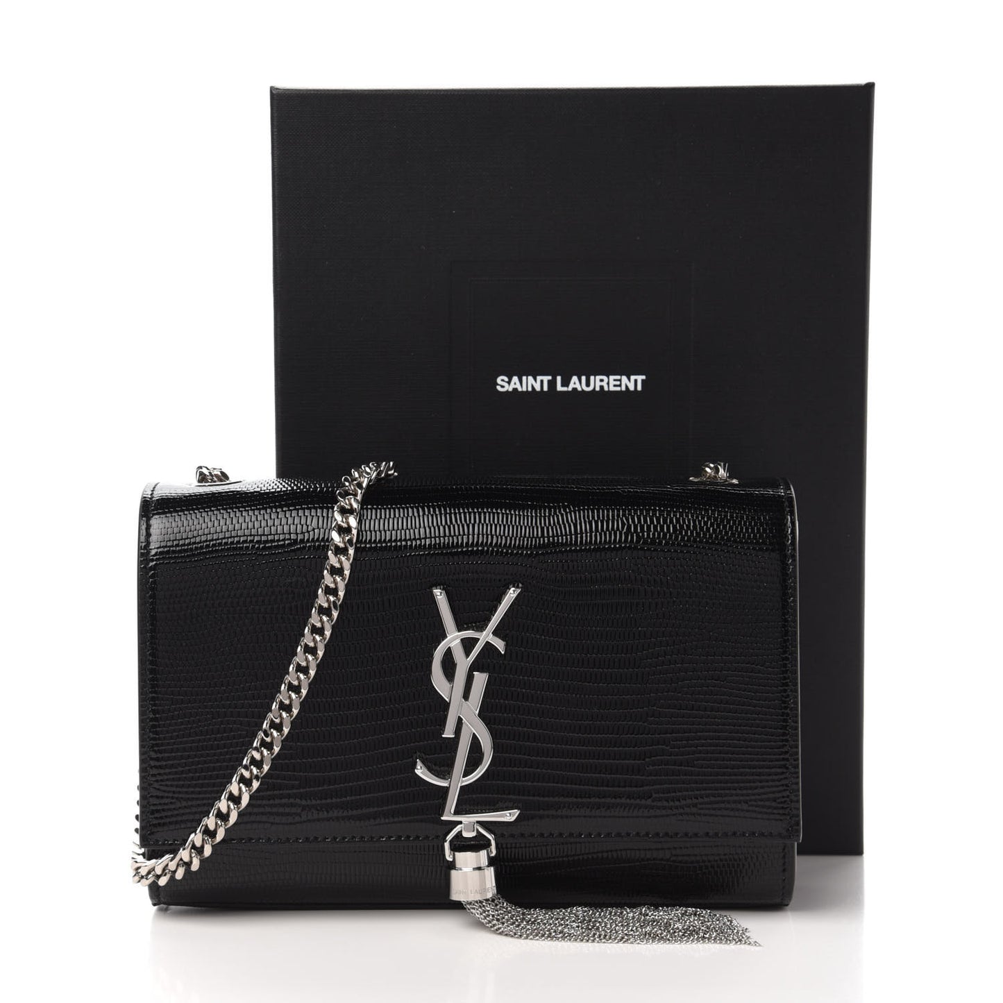 Calfskin Lizard Embossed Small Classic Monogram Kate Tassel Satchel Black