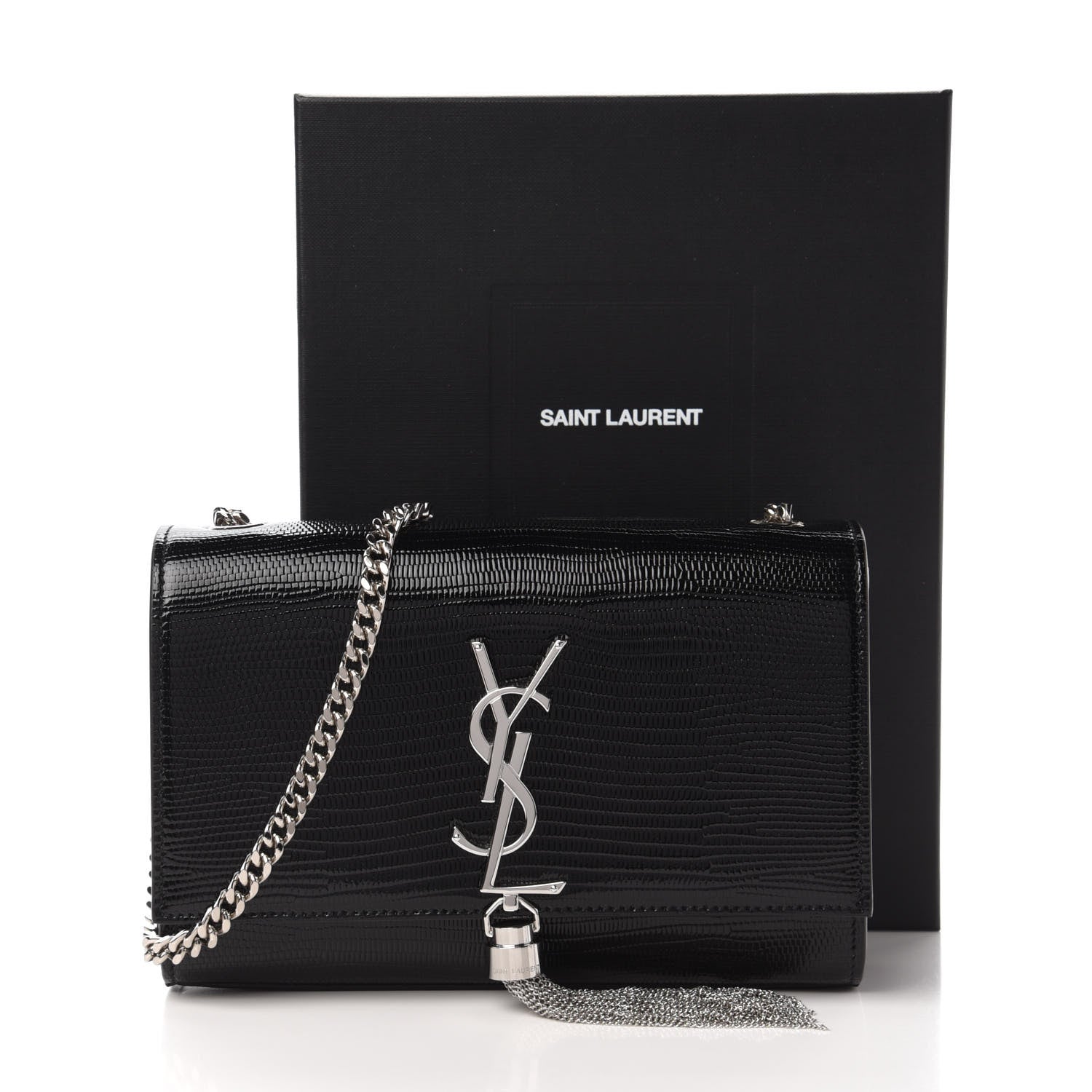 Saint Laurent Calfskin Lizard Embossed Small Classic Monogram Kate Tassel Satchel Black 10 of 10