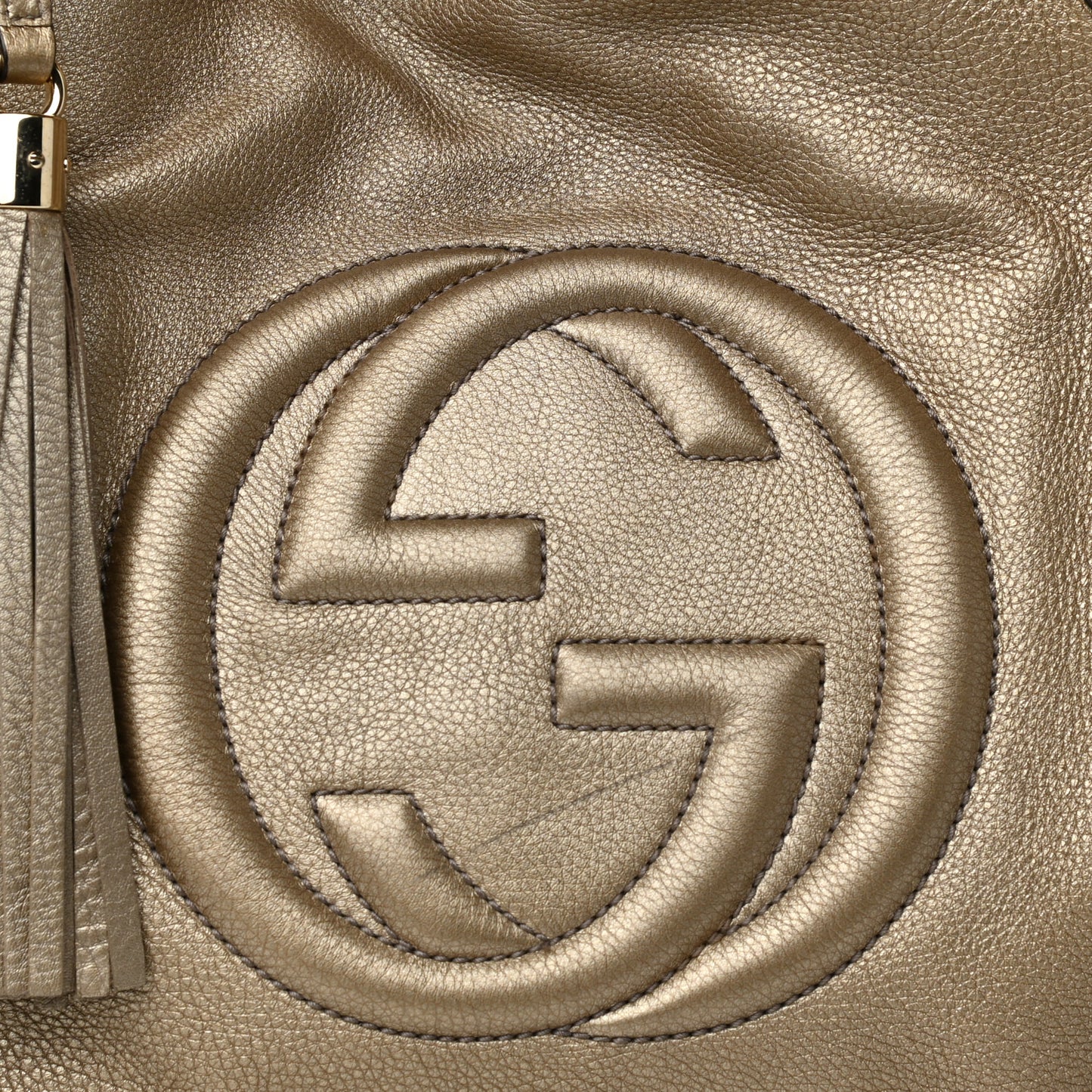 Metallic Pebbled Calfskin Medium Soho Shoulder Bag Golden Beige