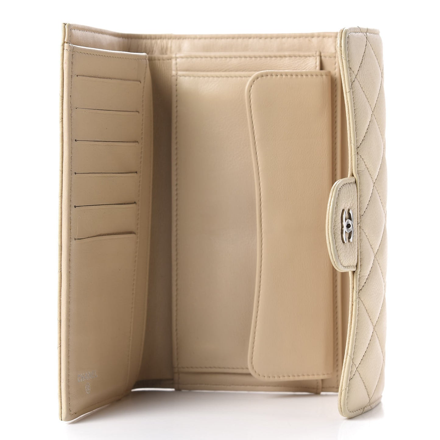 Caviar Quilted Large Flap Wallet Beige