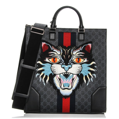 Gucci GG Supreme Monogram Web Angry Cat Embroidered Vertical Tote Black Grey 1 of 7