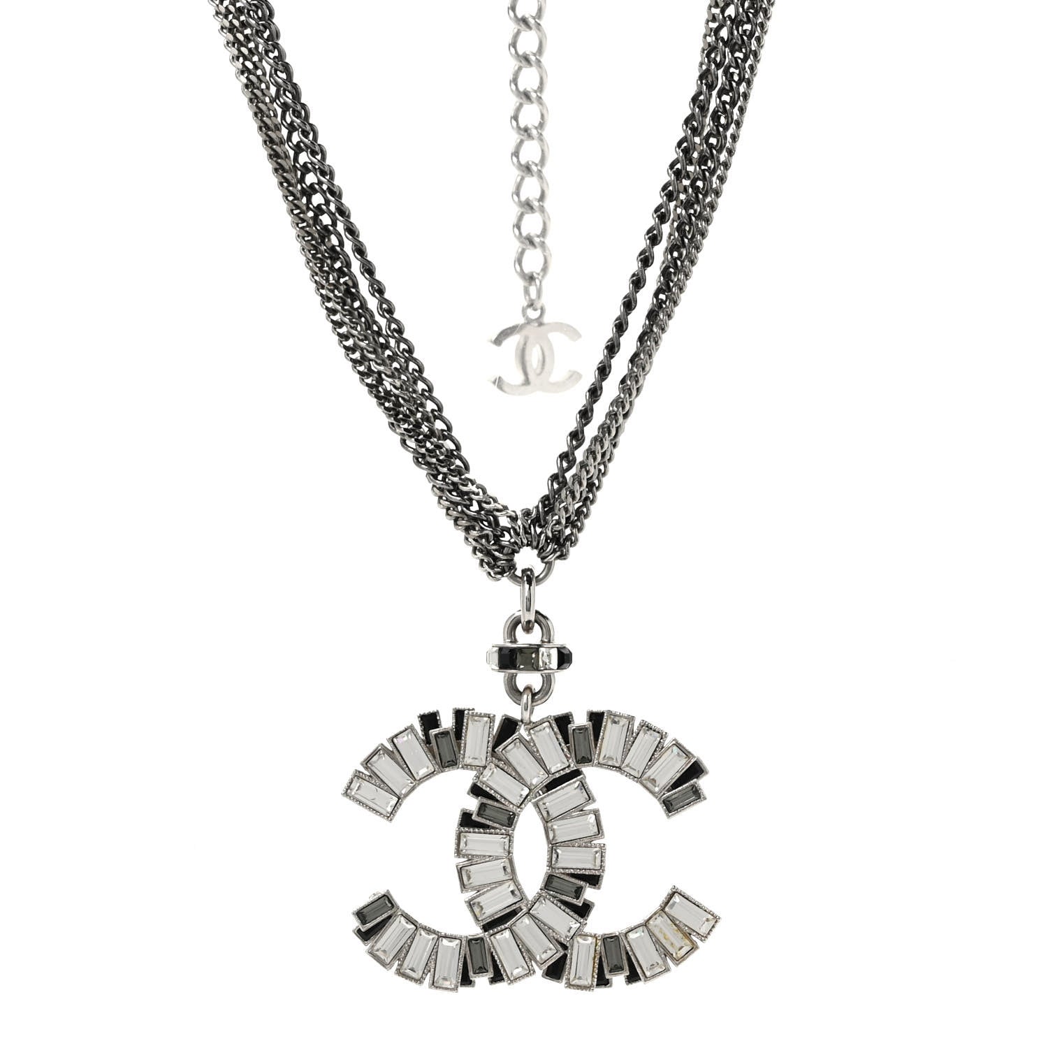 Chanel Baguette Crystal CC Multi Strand Pendant Necklace Silver 1 of 4