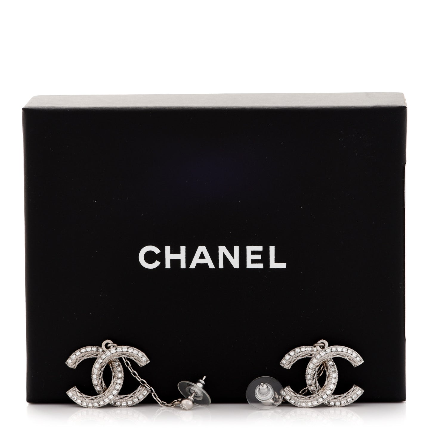 Baguette Crystal CC Drop Earrings Silver