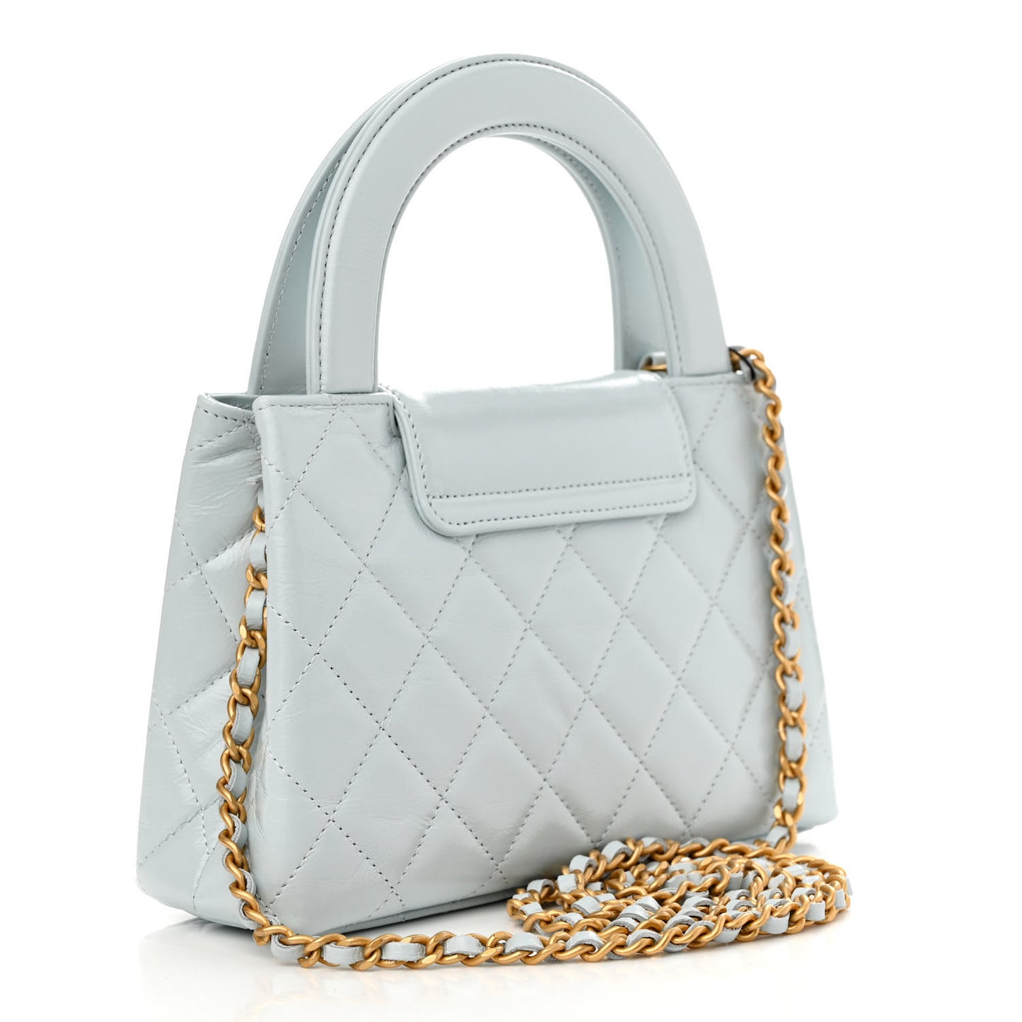Shiny Aged Calfskin Quilted Nano Kelly Shopper Light Blue