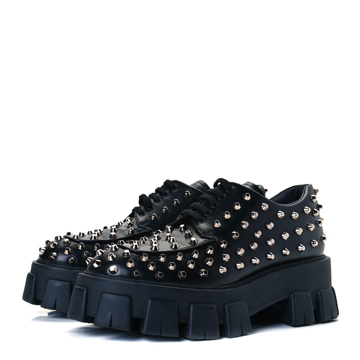 Prada Spazzolato Rois Studded Lace Up Monolith 55mm Derby Loafers 39 Black 2 of 9