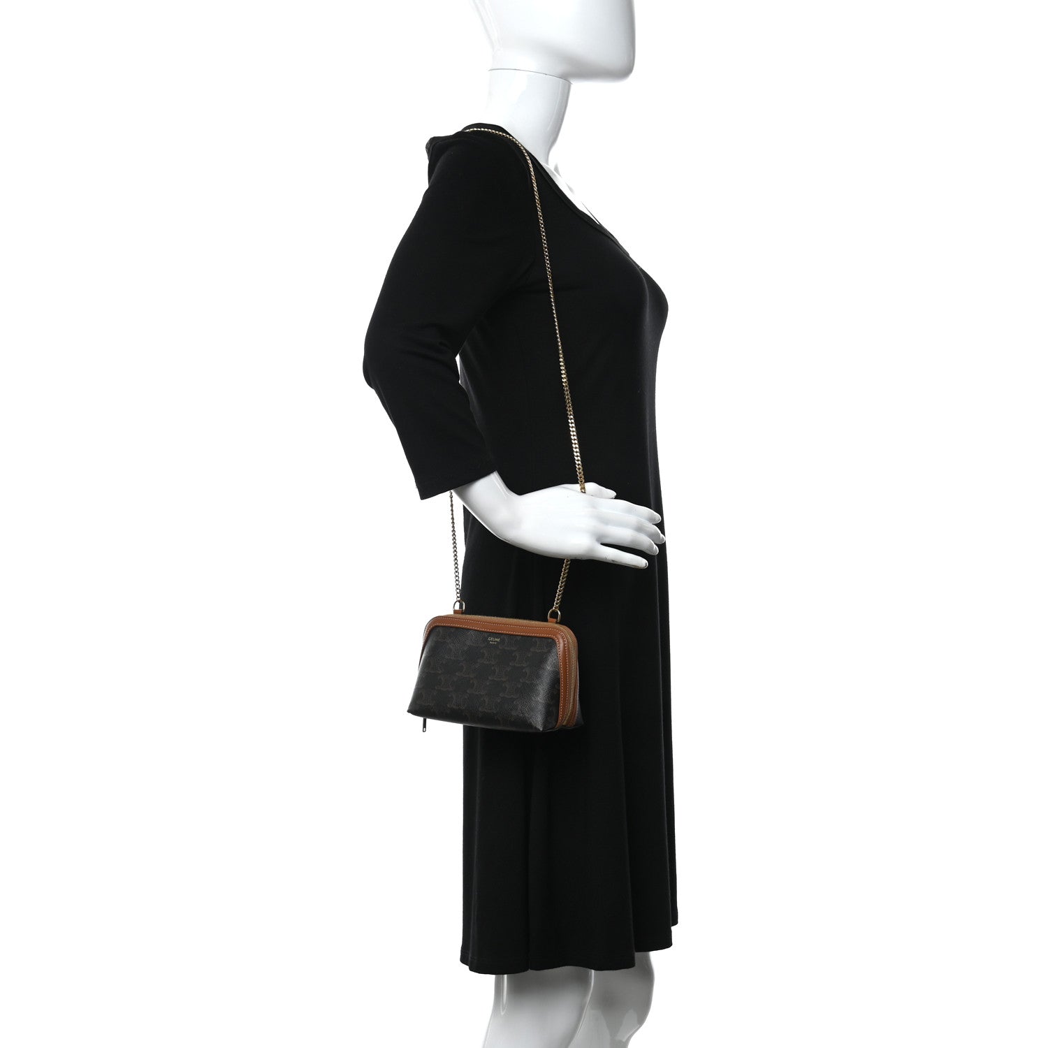 Celine Triomphe Canvas Calfskin Mini Clutch on Chain Tan 2 of 10