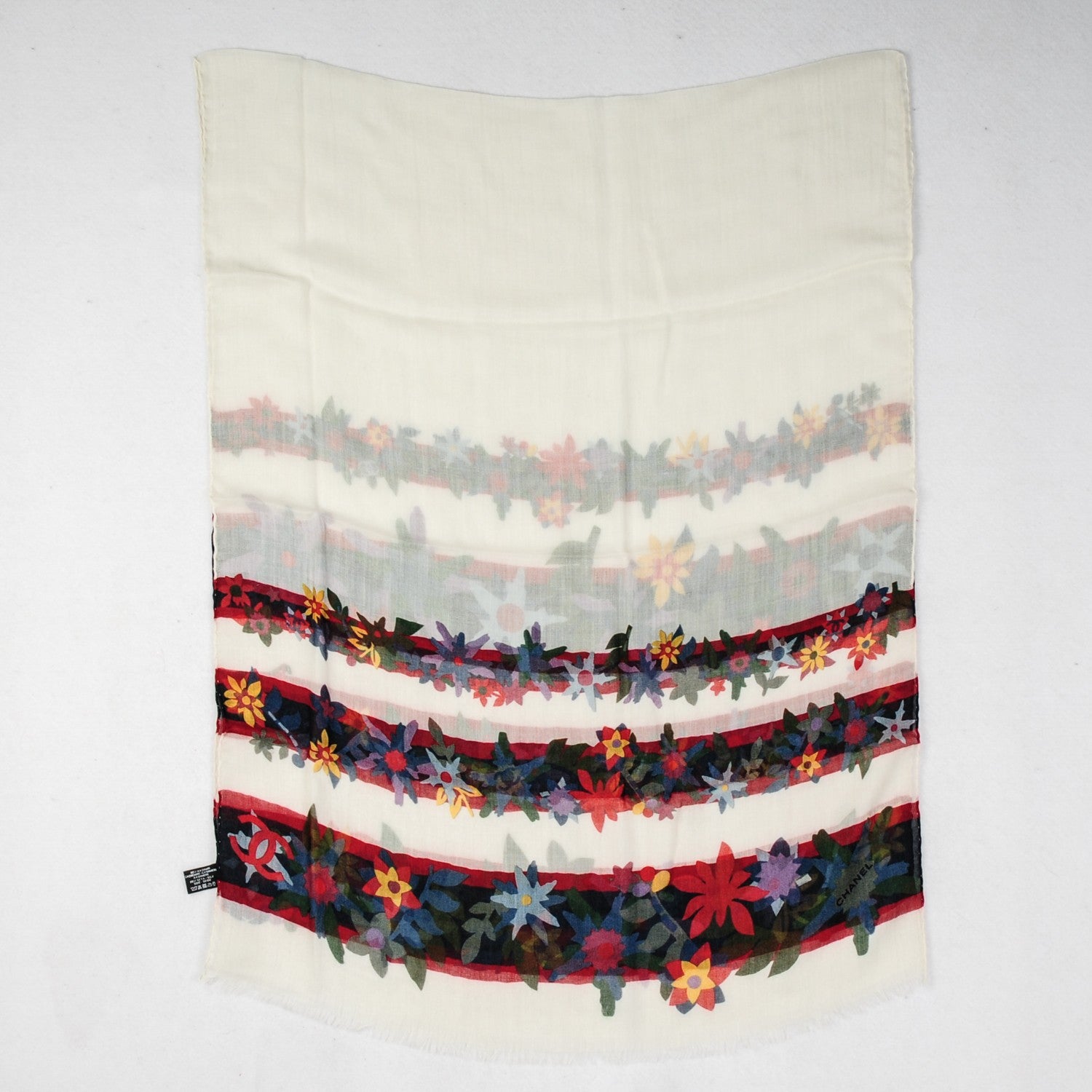 Chanel Cashmere Silk Floral CC Scarf Shawl White 3 of 5