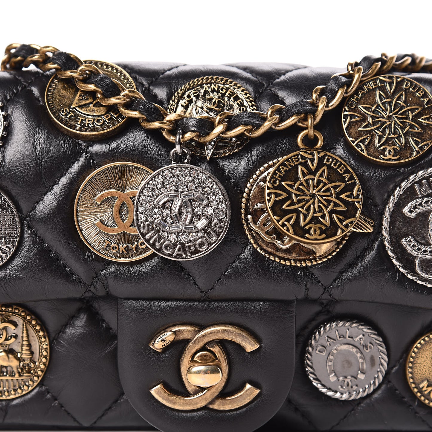 Aged Calfskin Quilted Extra Mini Medallion Flap Black