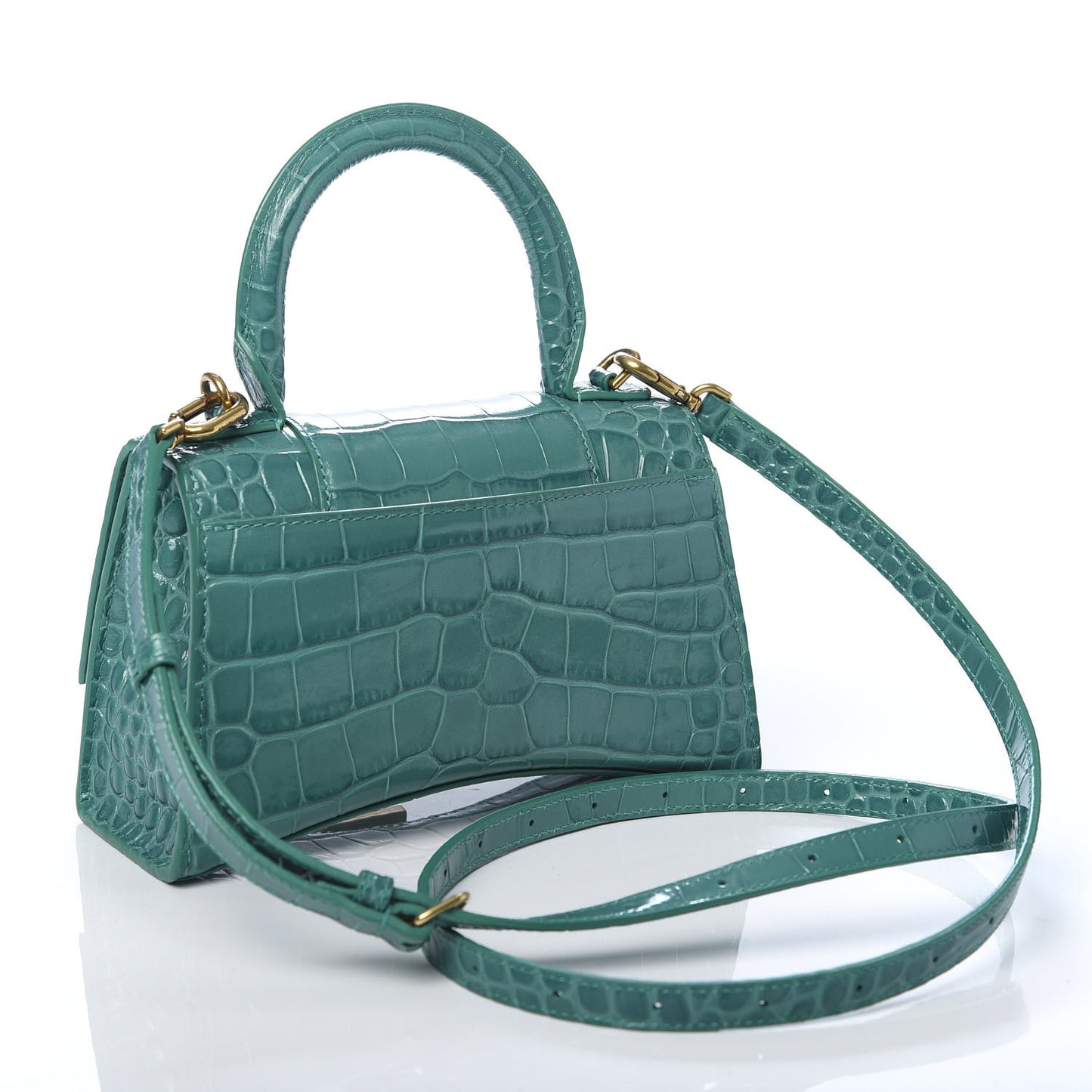 Shiny Calfskin Crocodile Embossed Hourglass Top Handle Bag XS Dark Turquoise