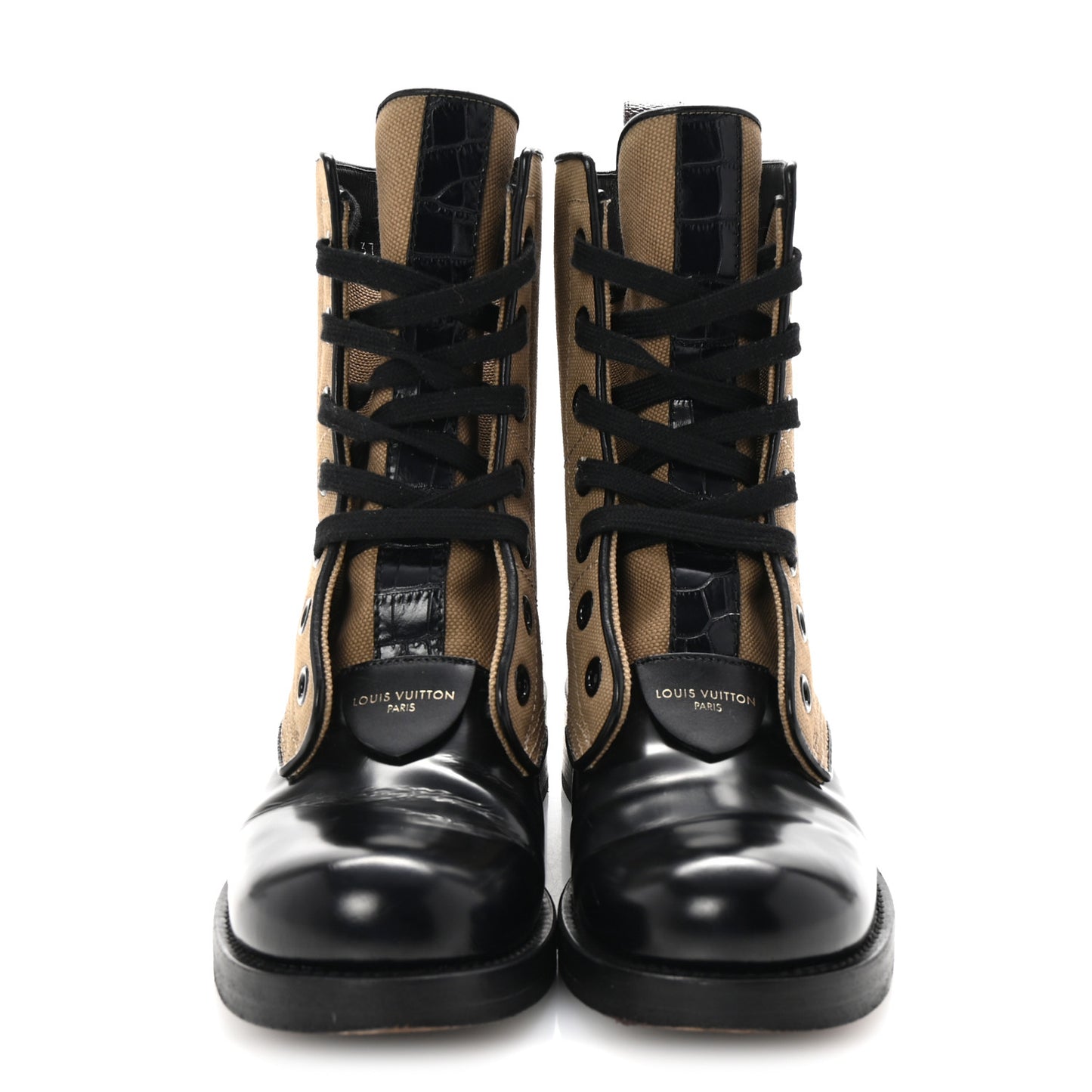 Canvas Calfskin Crocodile Embossed Metropolis Flat Ranger Boots 37 Kaki