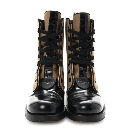 Louis Vuitton Canvas Calfskin Crocodile Embossed Metropolis Flat Ranger Boots 37 Kaki 3 of 10