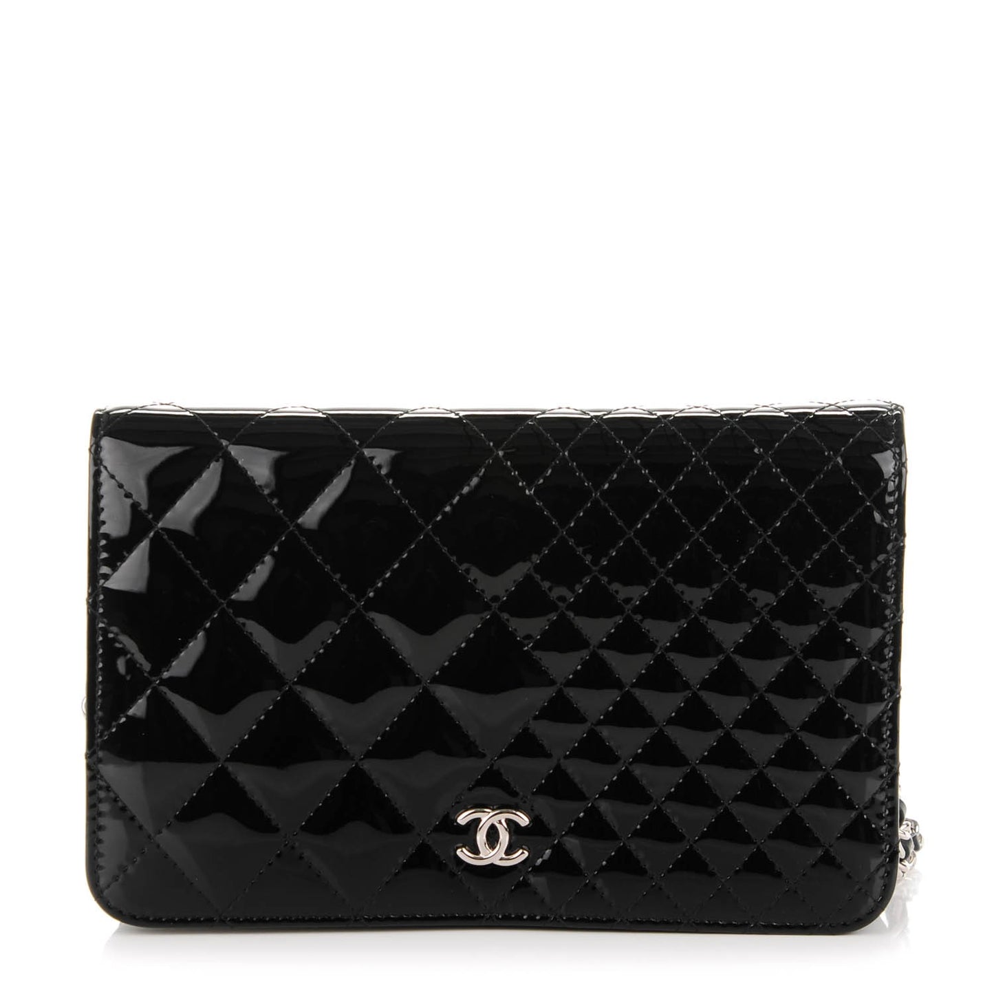 Patent Double Quilted Wallet On Chain WOC Black
