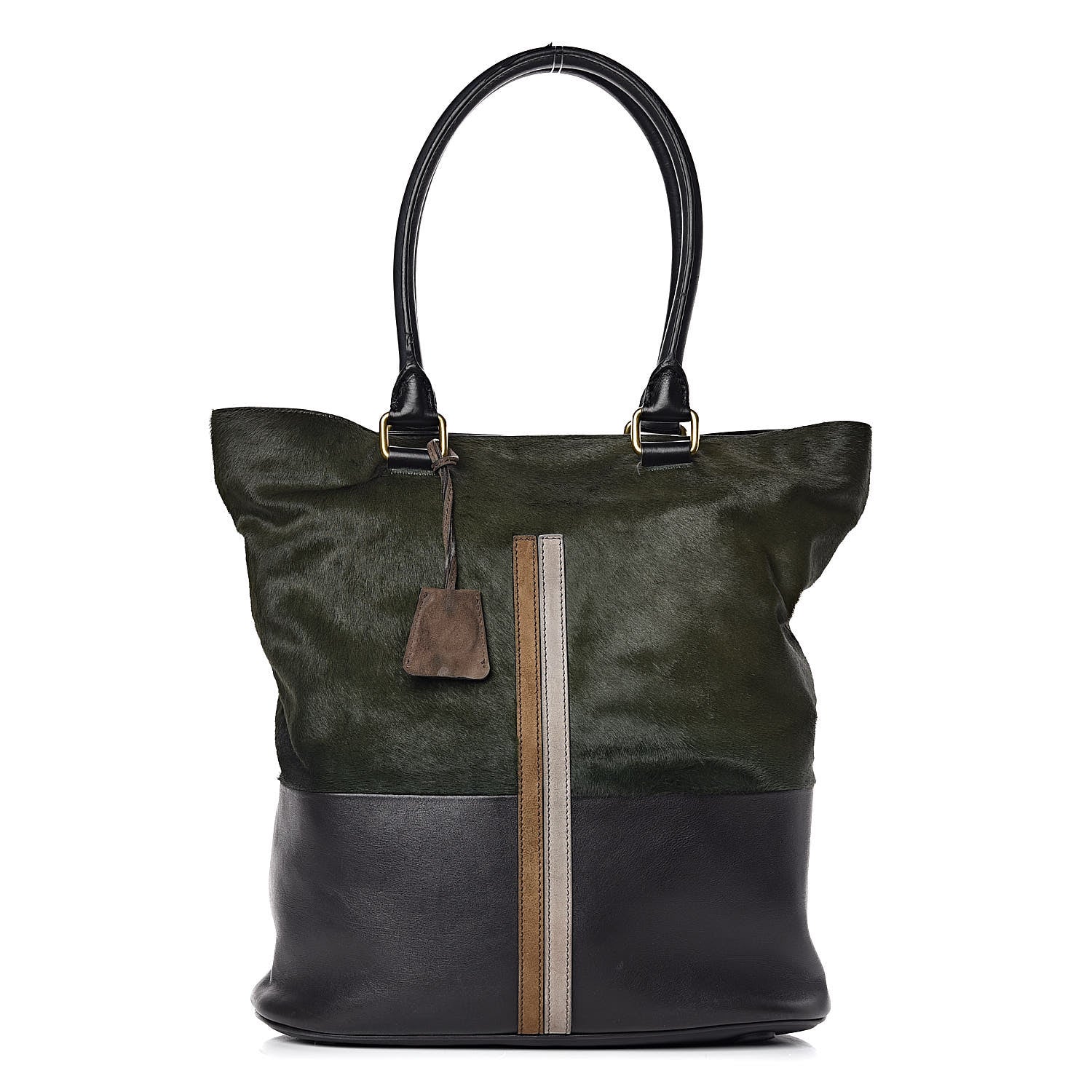 Celine Pony Hair Racer Stripe Tote Green 1 of 17