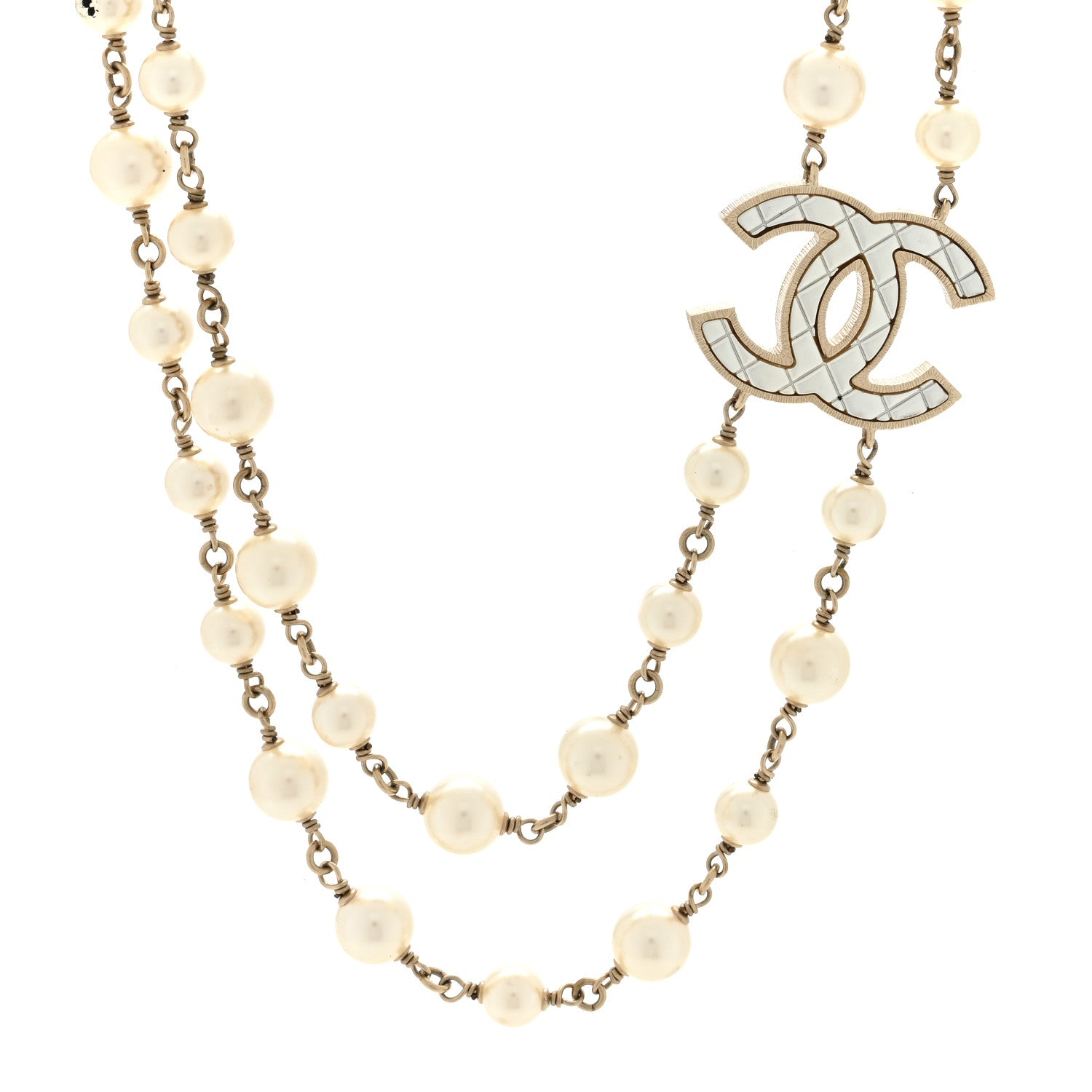 Chanel Metal Quilted Pearl CC Long Necklace Light Gold 1 of 4
