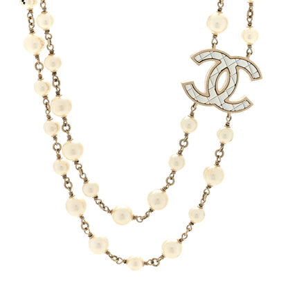 Chanel Metal Quilted Pearl CC Long Necklace Light Gold 1 of 4