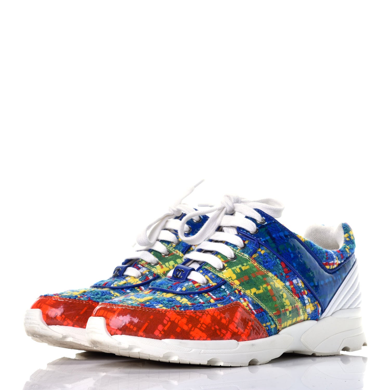 Chanel Tweed Calfskin Sneakers 41 Red Yellow Blue 3 of 8