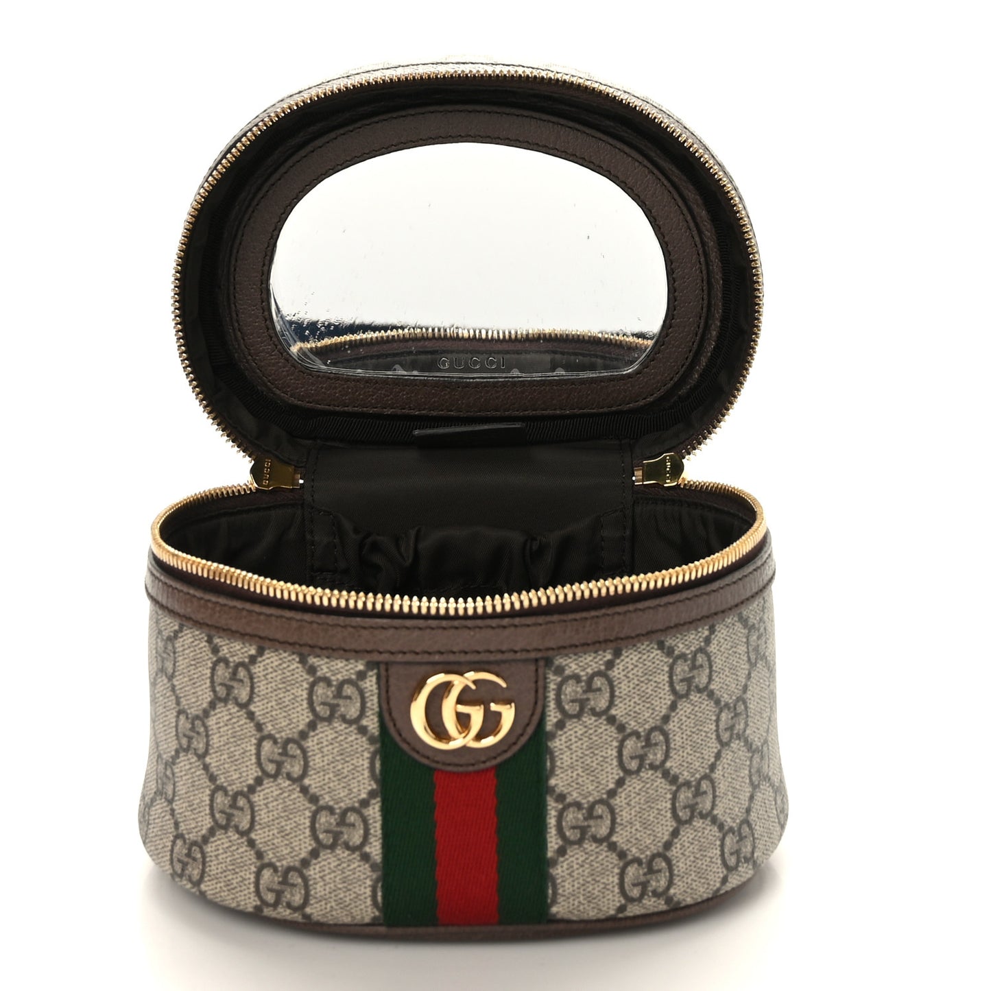 GG Supreme Monogram Textured Calfskin Web Ophidia Vanity Cosmetic Case Beige Ebony New Acero