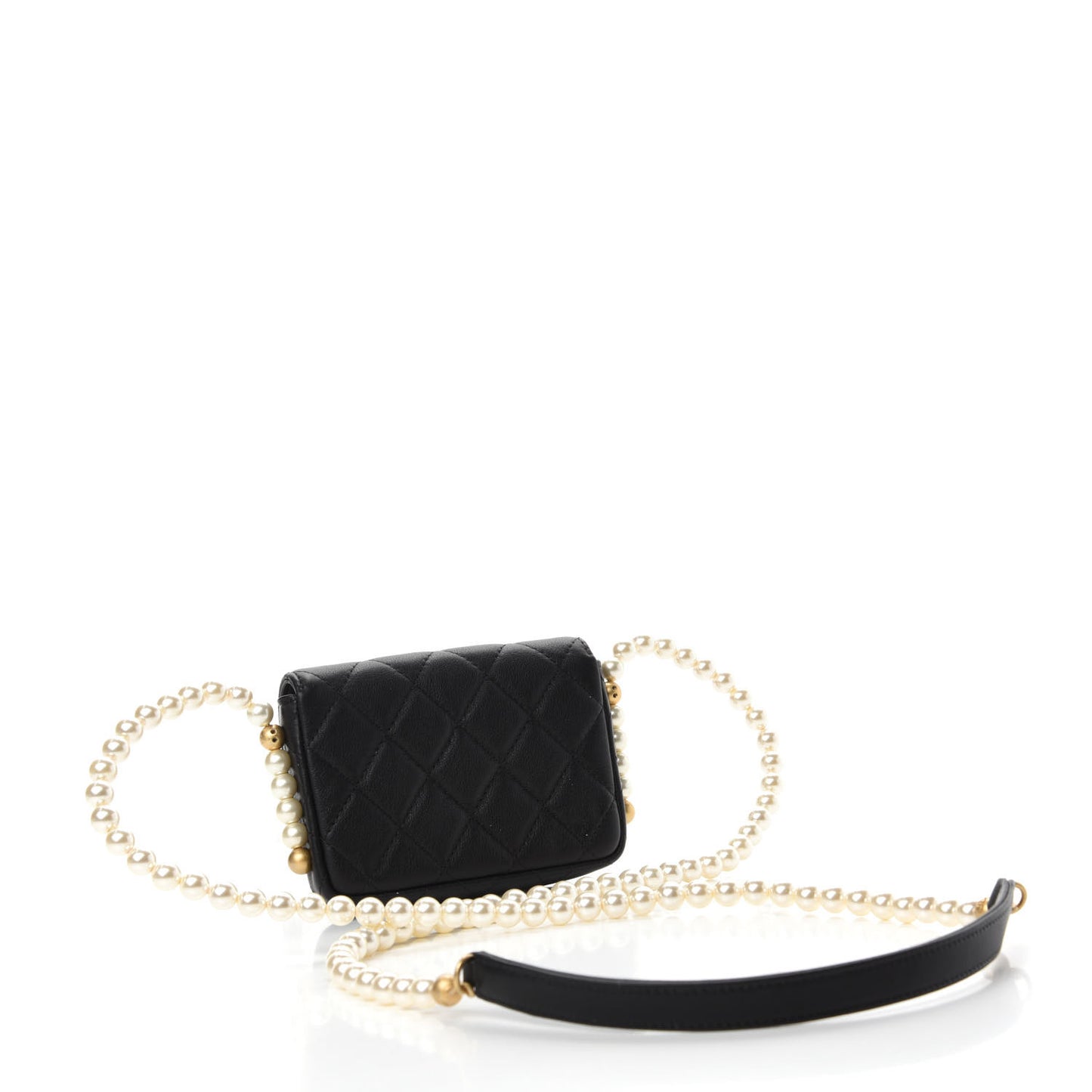 Calfskin Quilted About Pearls Card Holder Flap With Chain Black