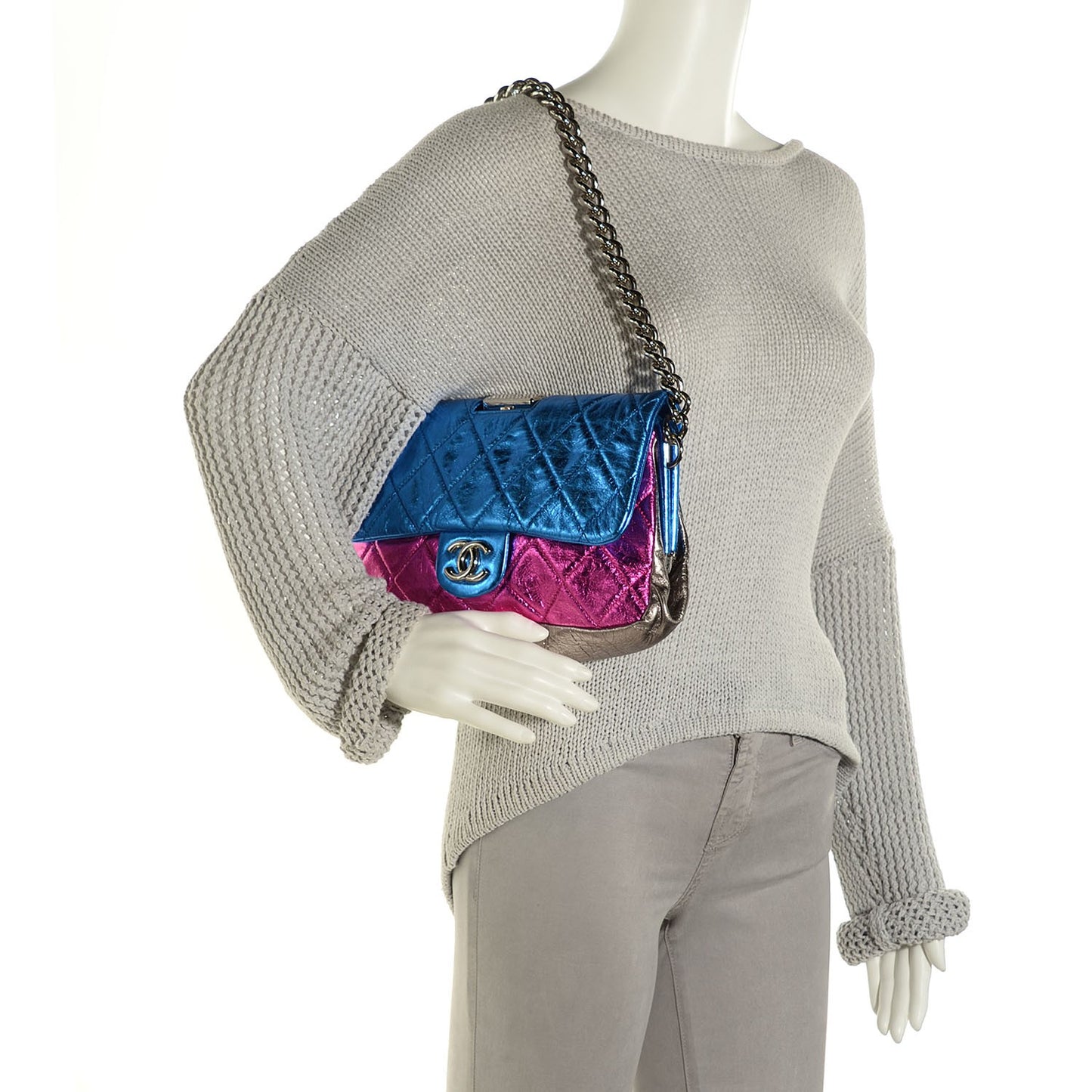 Metallic Calfskin Quilted Modern Chain Flap Frame Bag Multicolor