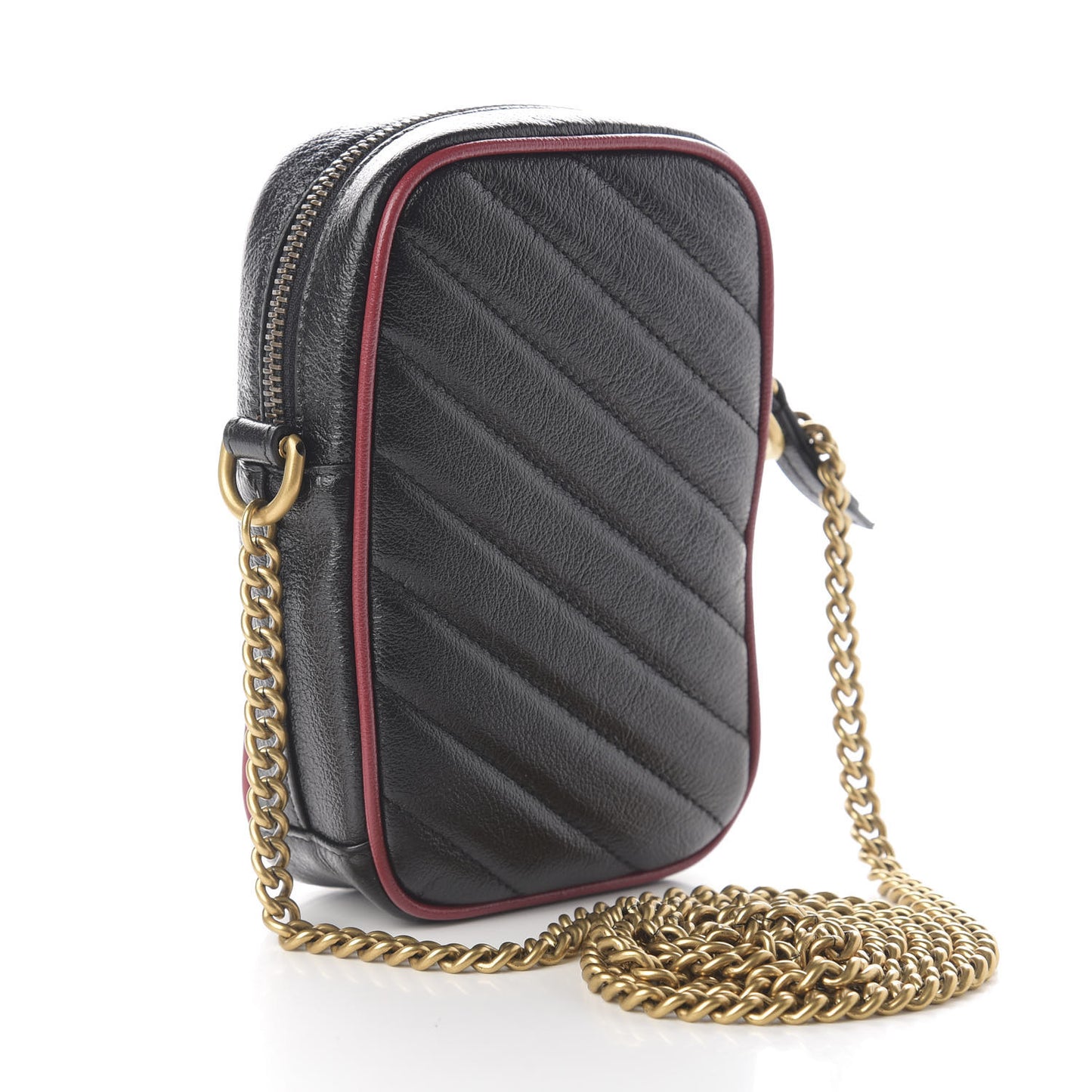 Vintage Effect Calfskin Matelasse Diagonal Mini Torchon GG Marmont Crossbody Bag Black Romantic Cherry