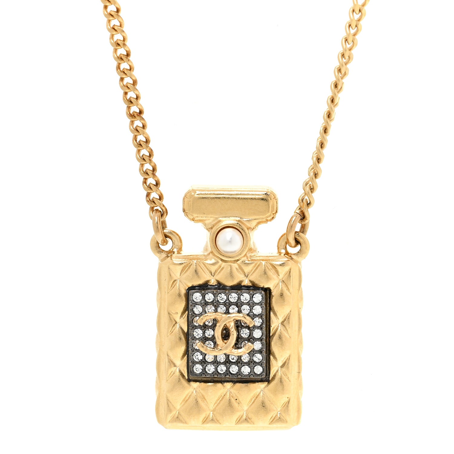 Chanel Crystal Pearl Perfume Bottle CC Necklace Gold 4 of 5