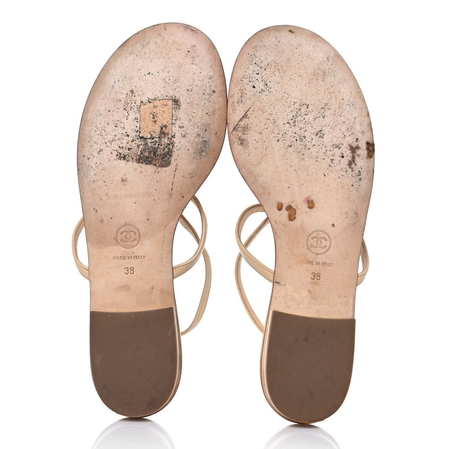 Lambskin Quilted Pearl CC Thong Sandals 38 Beige