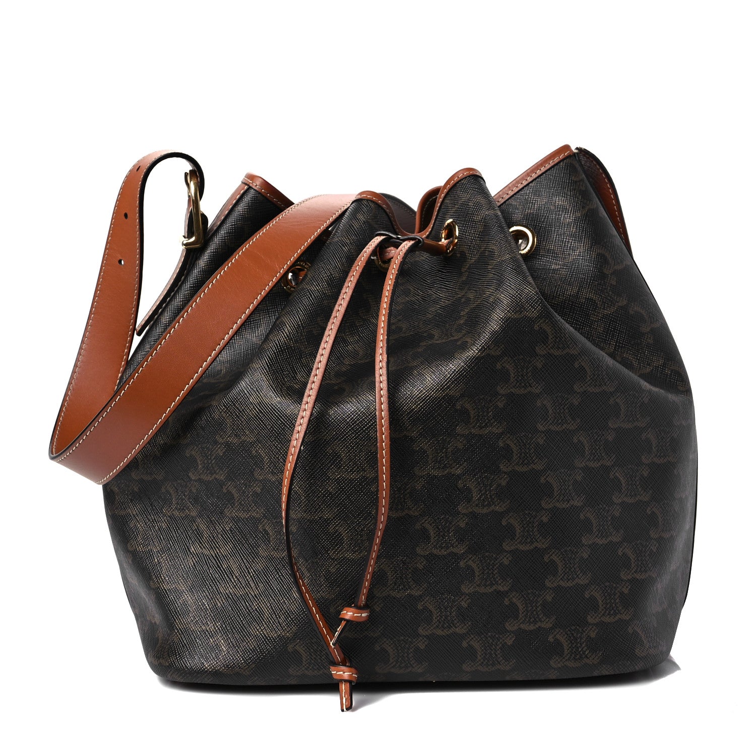 Celine Triomphe Canvas Calfskin Medium Drawstring Bucket Bag Tan