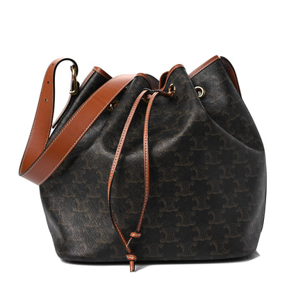 Celine Triomphe Canvas Calfskin Medium Drawstring Bucket Bag Tan 1 of 9