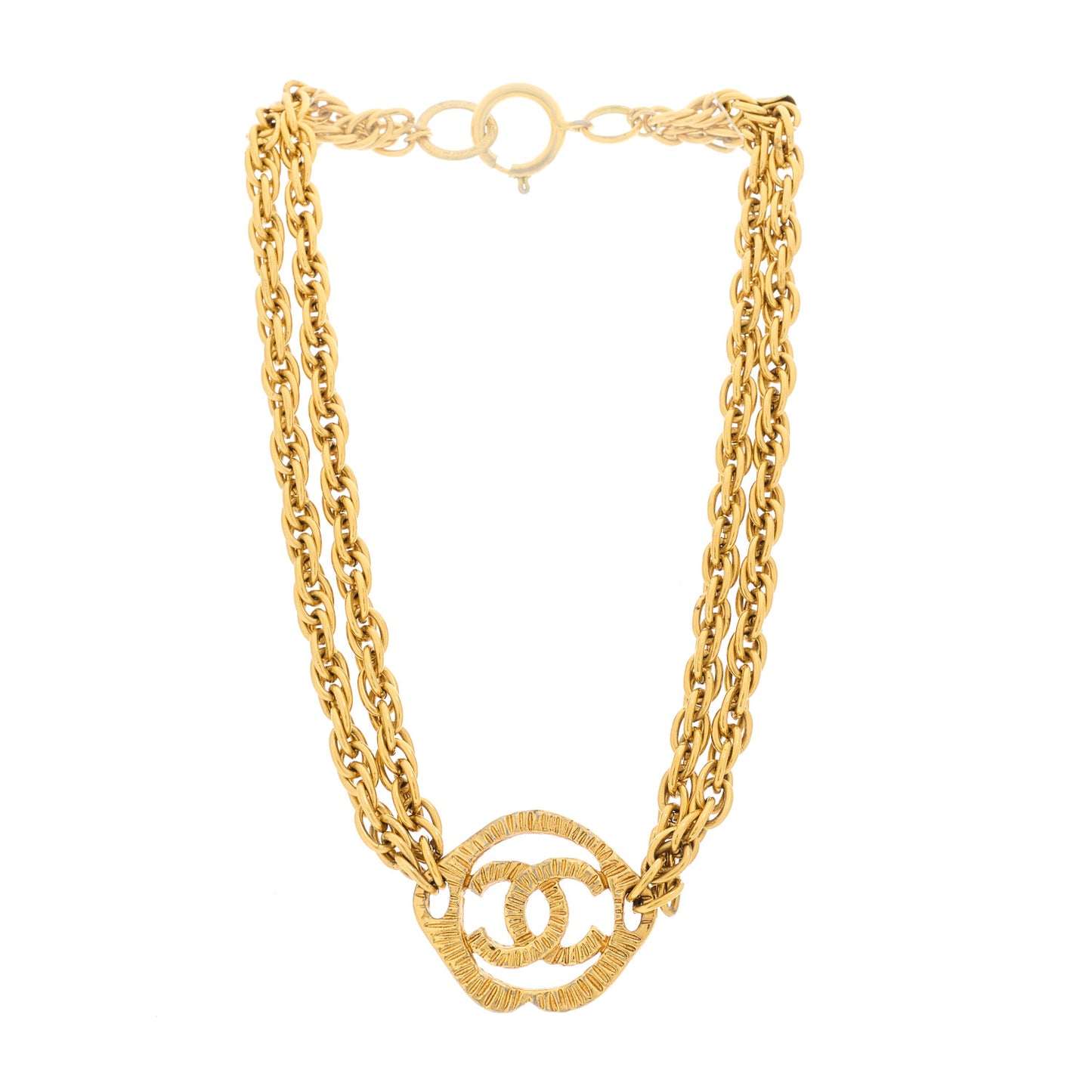 Metal CC Round Pendant Double Chain Necklace Gold