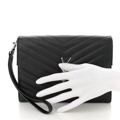 Saint Laurent Grain De Poudre Matelasse Chevron Monogram Envelope Clutch Black 2 of 12