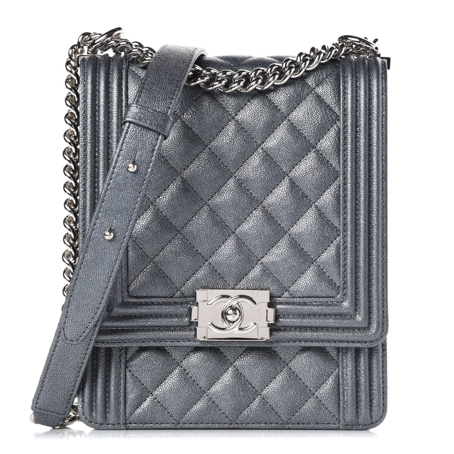 Iridescent Caviar Quilted North South Boy Flap Grey