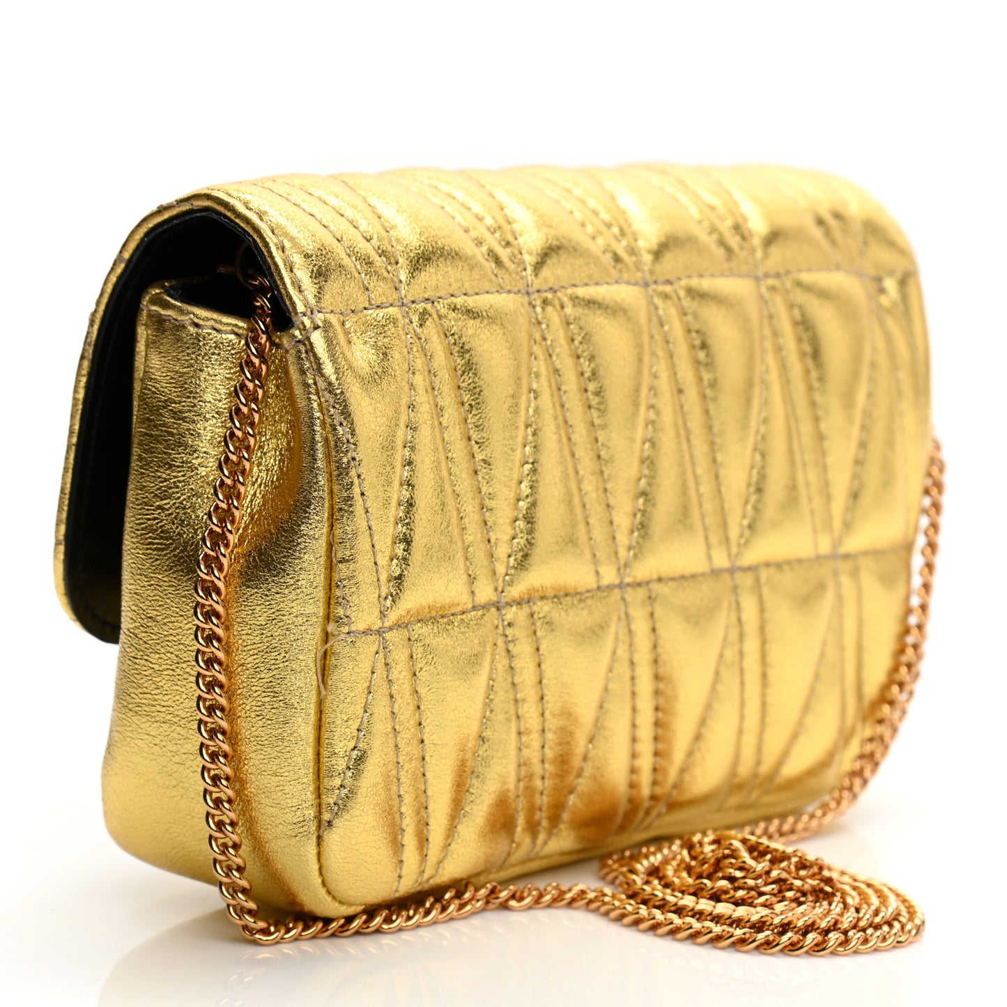 Metallic Vitello Quilted Virtus Mini Wallet Chain Crossbody Gold