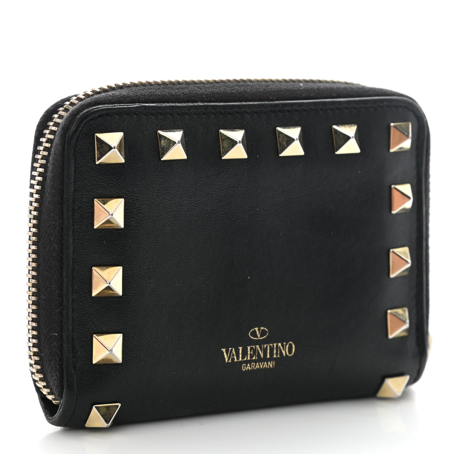Vitello Rockstud Zip Around Card Holder Wallet Black