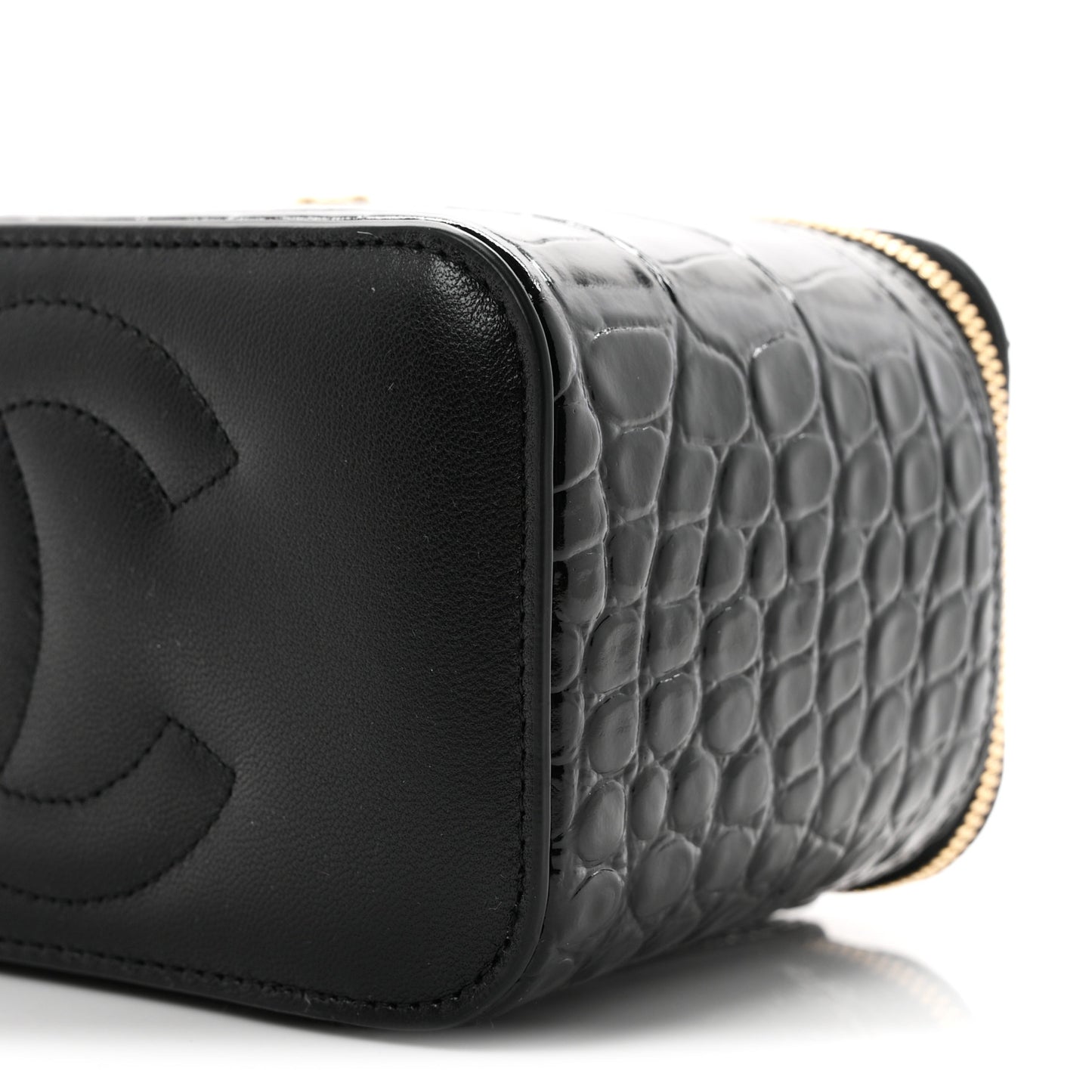 Calfskin Crocodile Embossed Crococo Small Top Handle Vanity Case With Chain Black