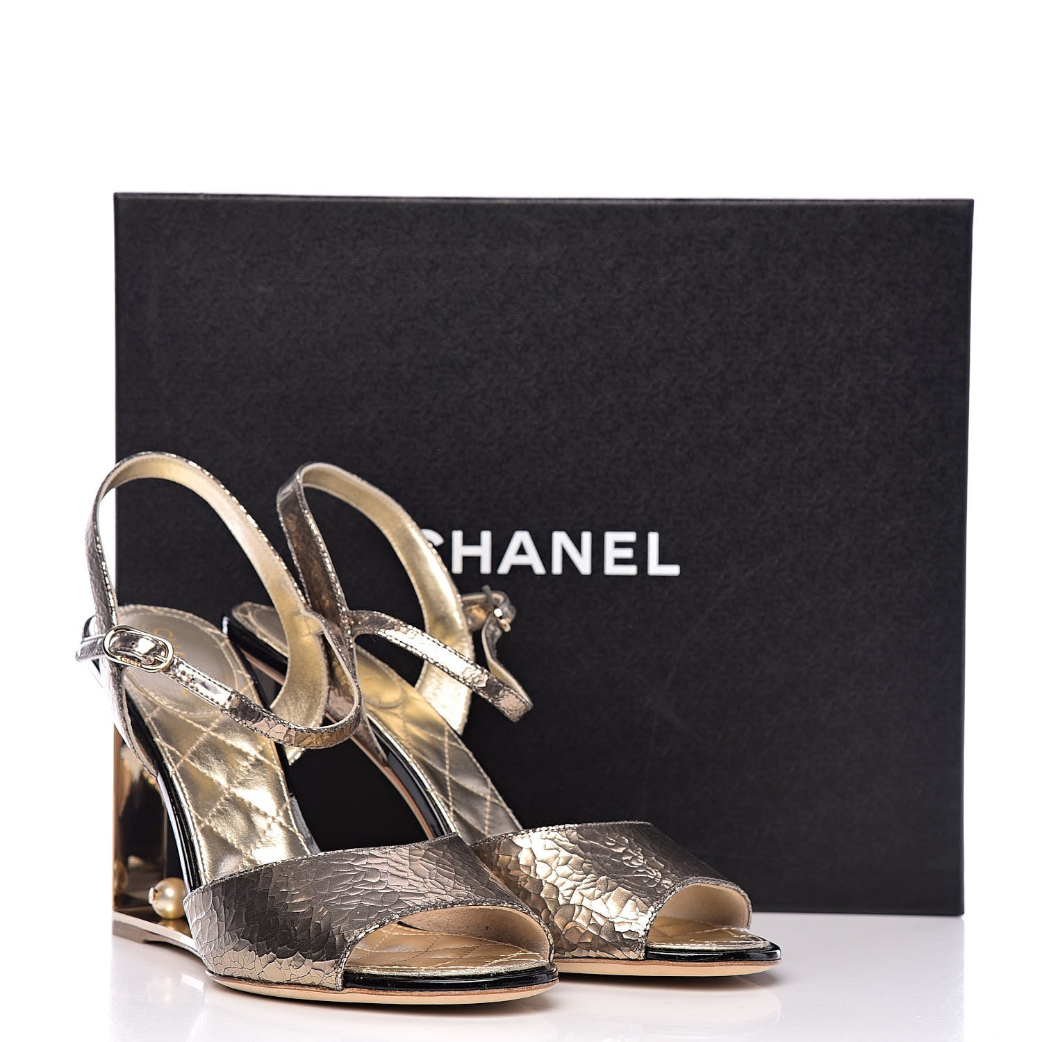 Chanel Metallic Crackled Calfskin Pearl CC Wedge Sandals 41 Gold Black 12 of 12