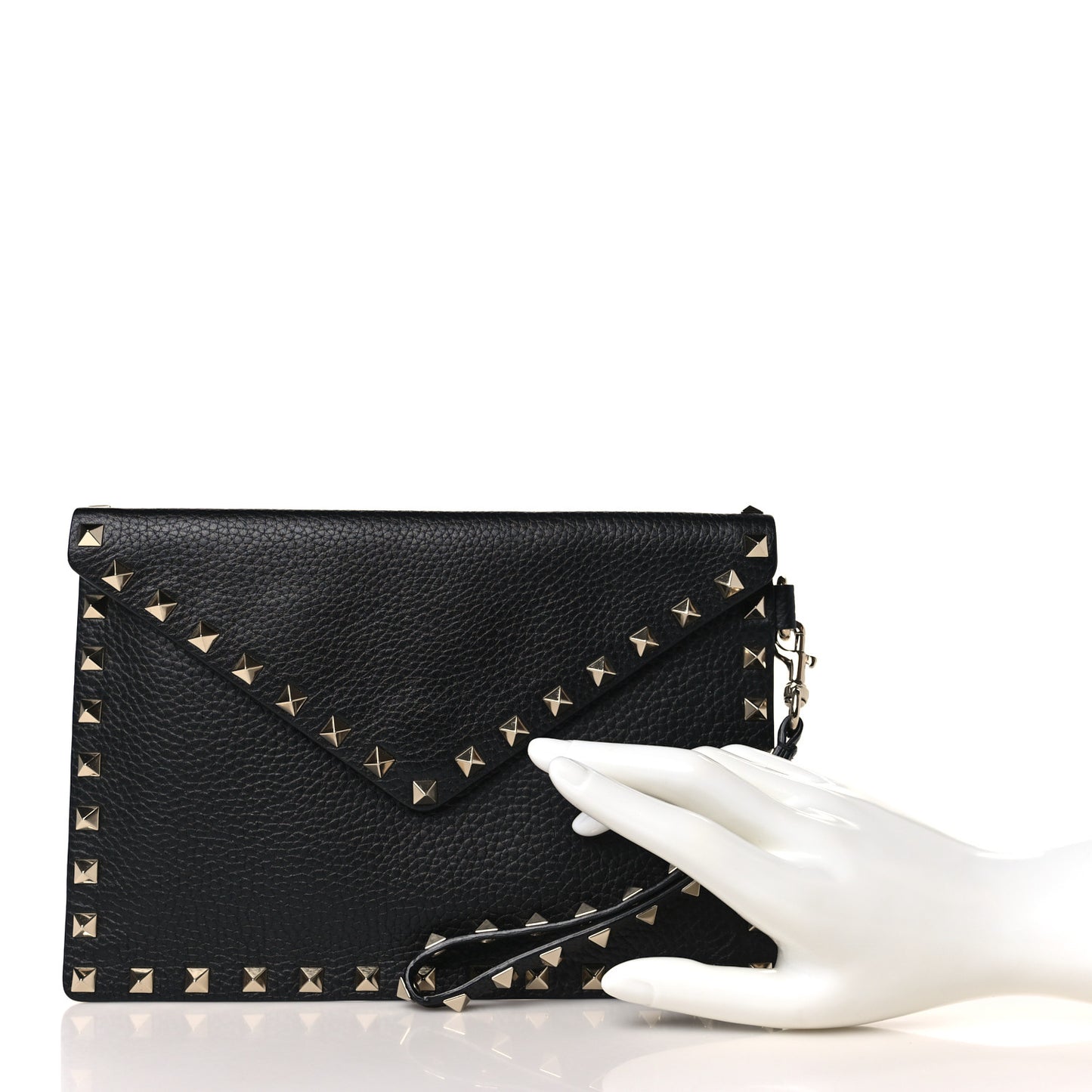 Pebbled Calfskin Rockstud Envelope Flat Wristlet Pouch Black