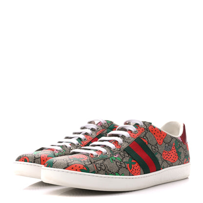 Gucci GG Supreme Monogram Strawberry Web Womens Ace Sneakers 40 Beige Multicolor Red Green 3 of 10