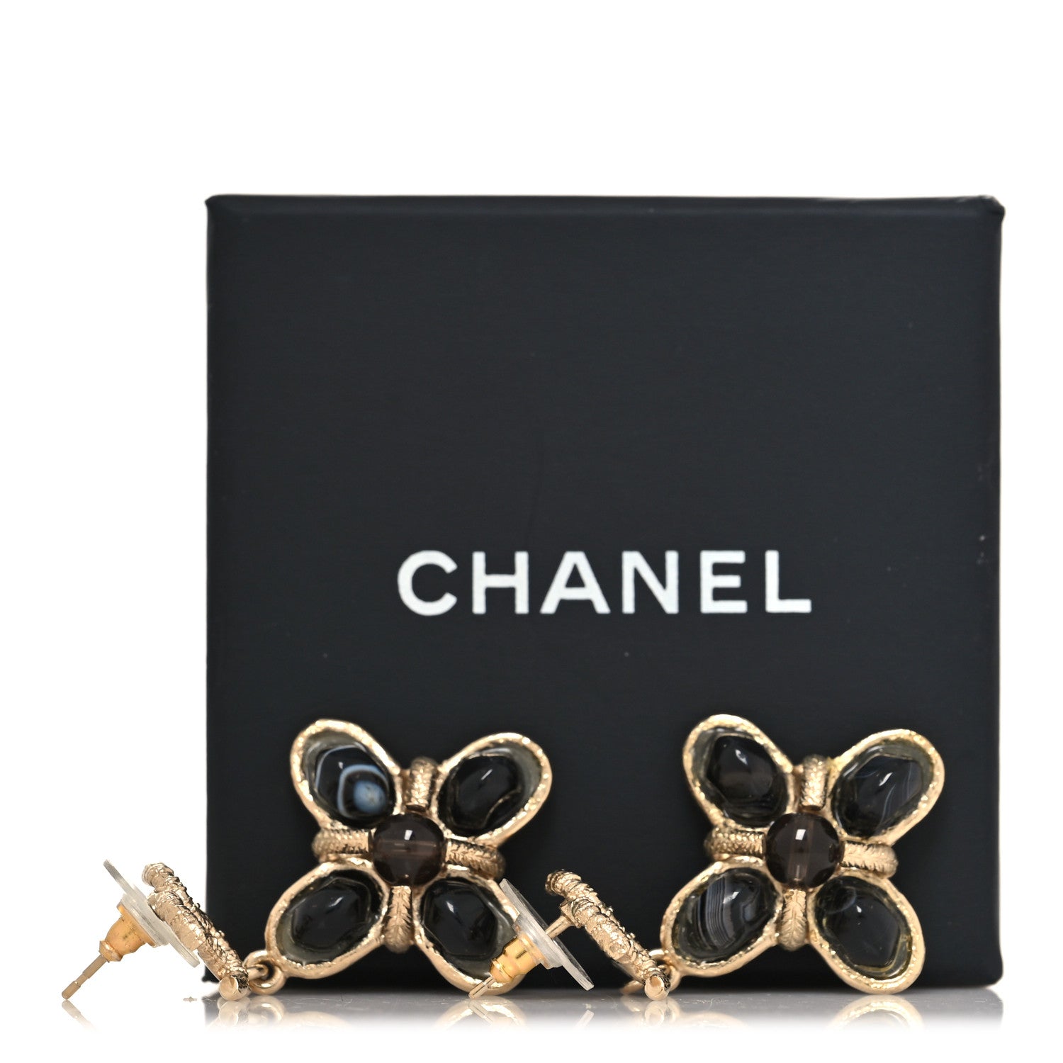 Chanel Resin CC Flower Drop Earrings Gold Black 5 of 5