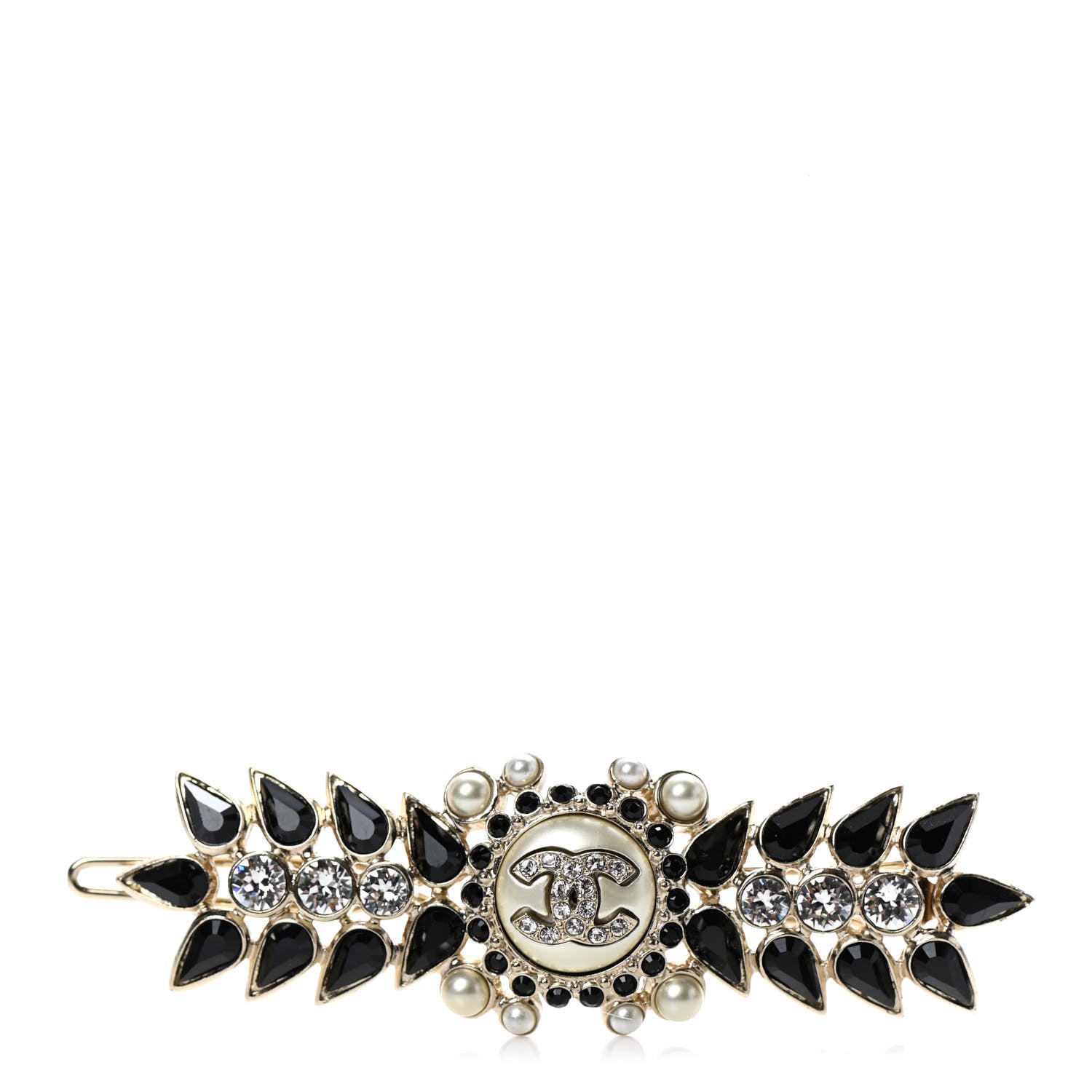 Chanel Metal Crystal Pearl CC Hair Clip Barrette Gold Black 1 of 3