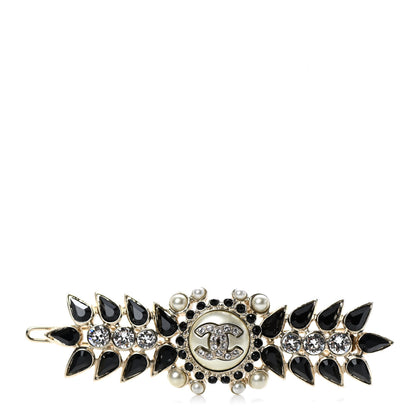 Chanel Metal Crystal Pearl CC Hair Clip Barrette Gold Black 1 of 3